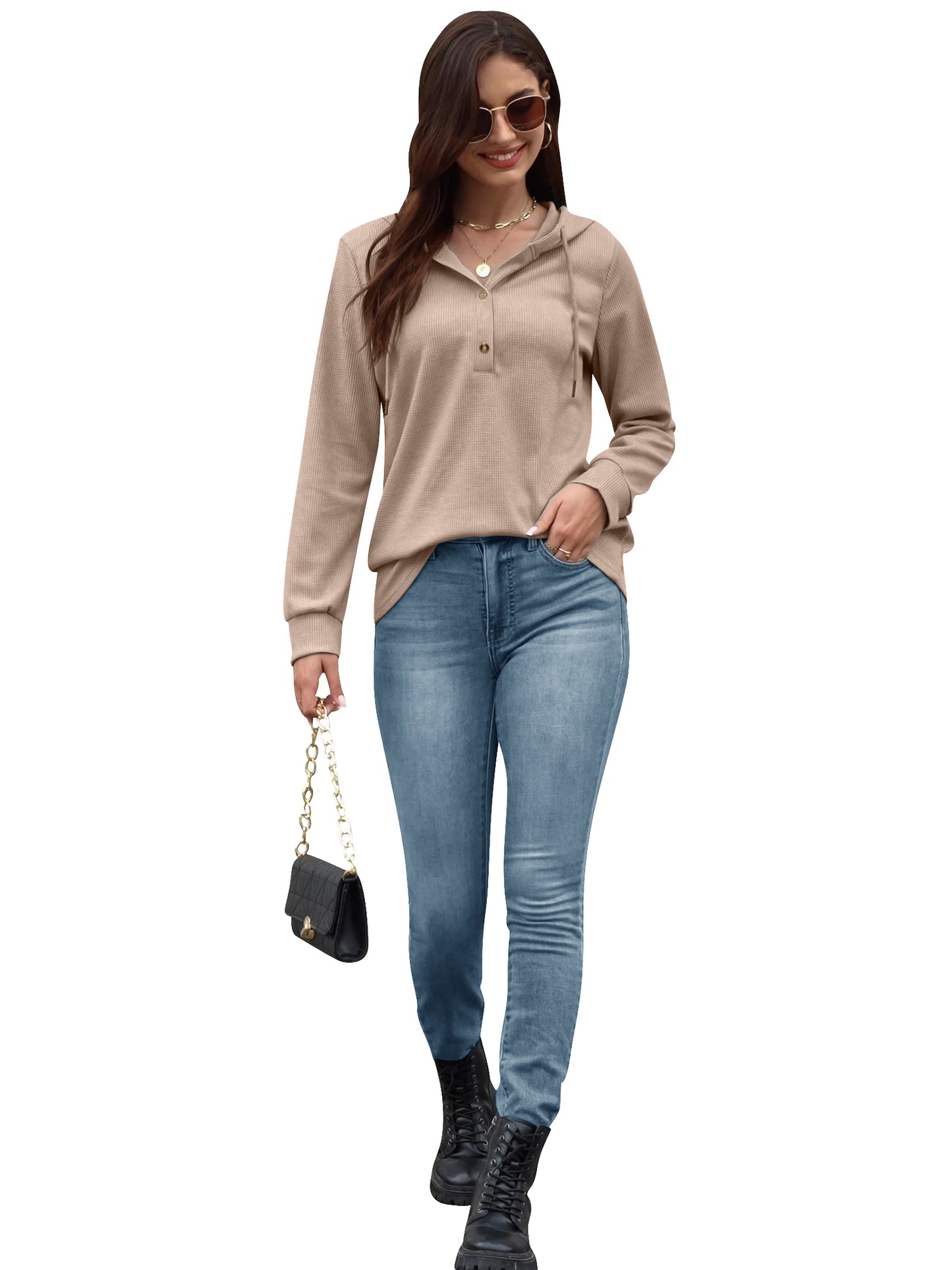 VDJ Womens Fall Tops Hoodies Pullover Casual Long Sleeve Button Hooded Sweatshirts Lightweight Autmun Clothing