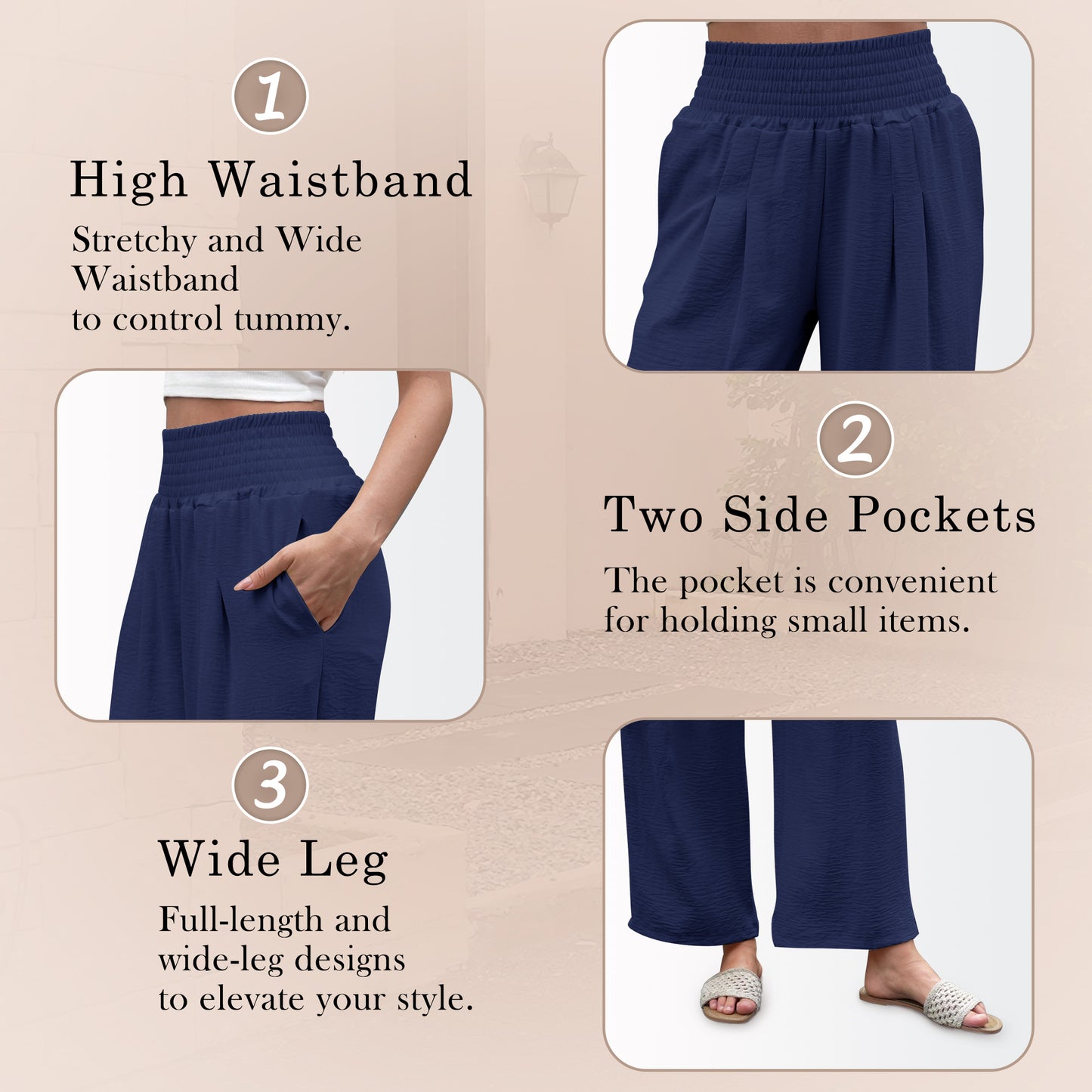 VDJ Palazzo Pants for Women Dressy High Waisted Wide Leg Lounge Pants Casual Navy Blue Pants with Pockets