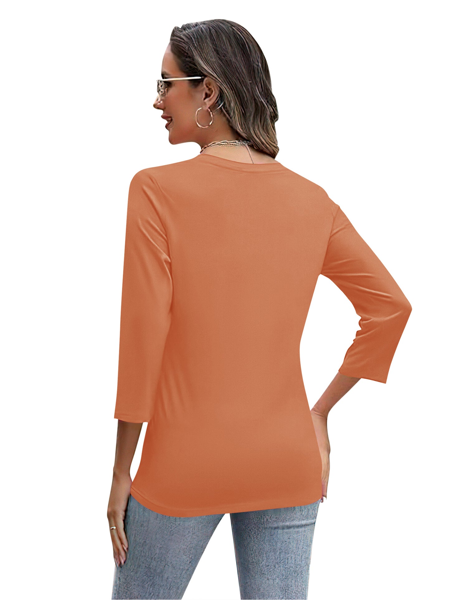 VDJ Womens 3/4 Sleeve Tops Summer V Neck Casual Coral Basic Tees Loose Fit Blouses
