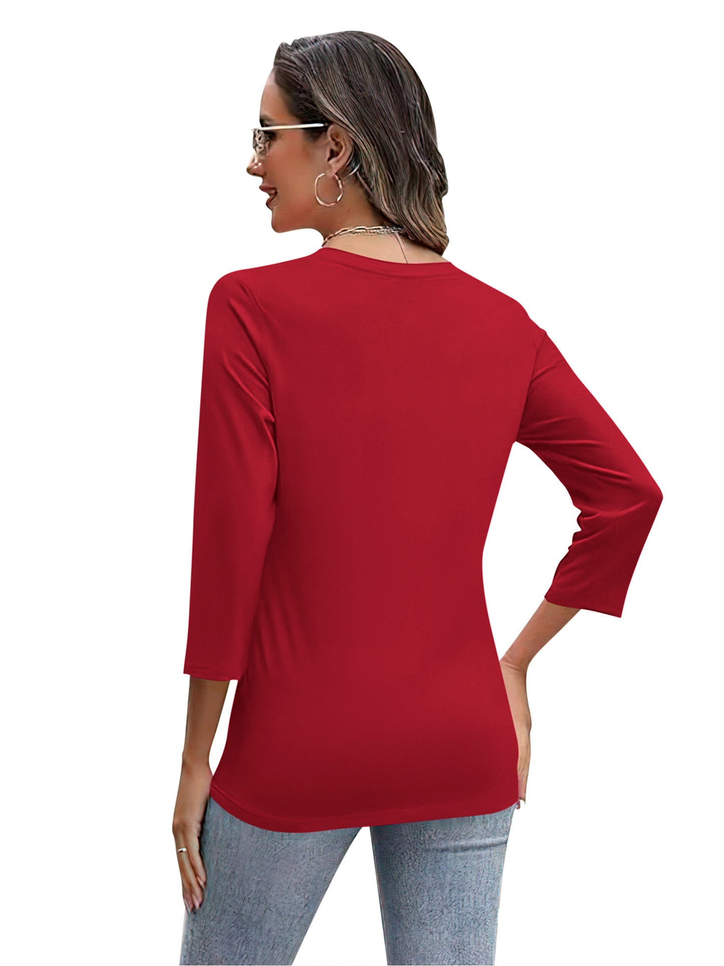 VDJ Women Blouses 3/4 Sleeve Sleeve Button V Neck Tshirts Cozy Soft Lounge Red Tee Tops Clothing