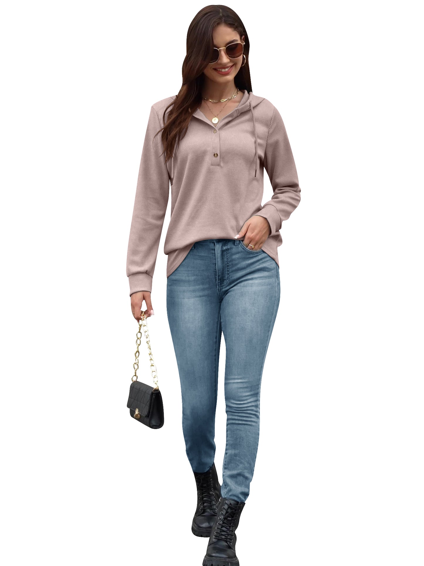VDJ Hooded Tops for Womens Casual Loose Waffle Knitwear Drawstring Hoodies Button Cute Pink Sweatshirts