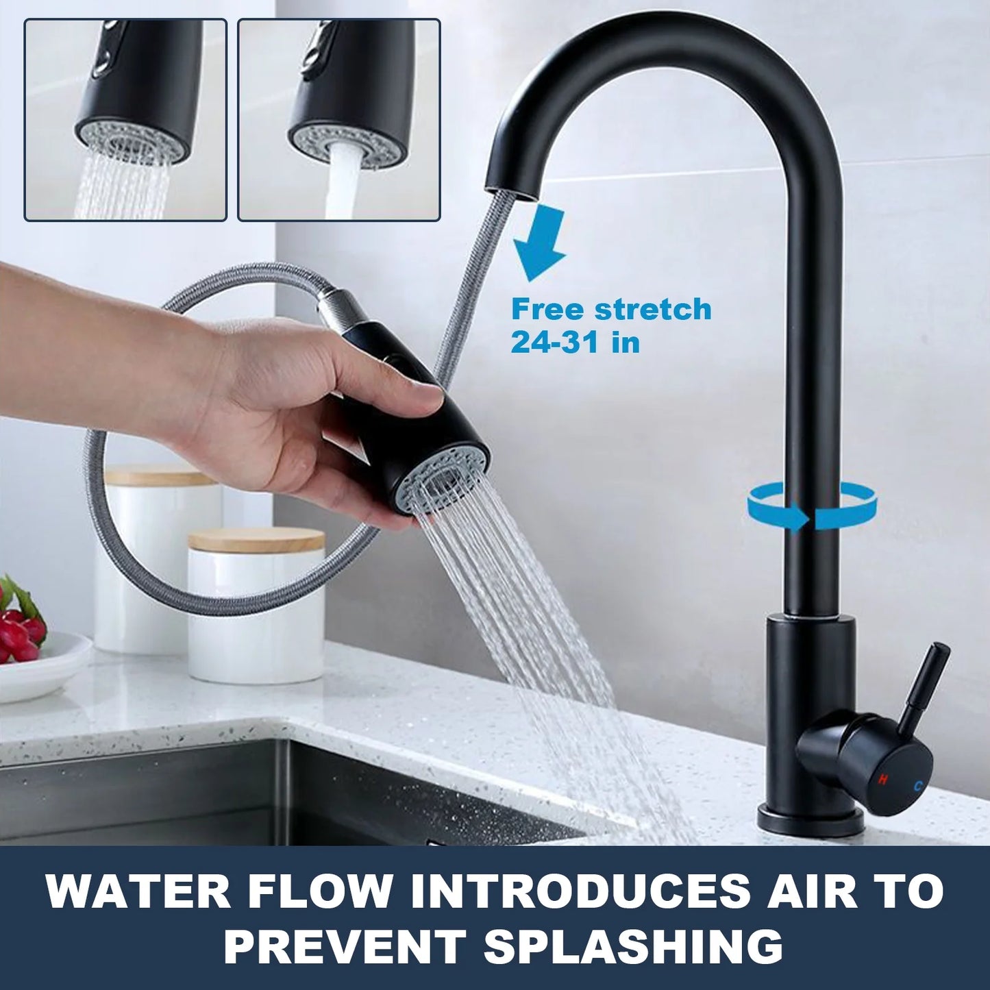 Arevtovis Kitchen Faucet with Pull Down Sprayer, Kitchen Sink Faucet with Hot And Cold Water, Two Water Flow Modes and Pause Button