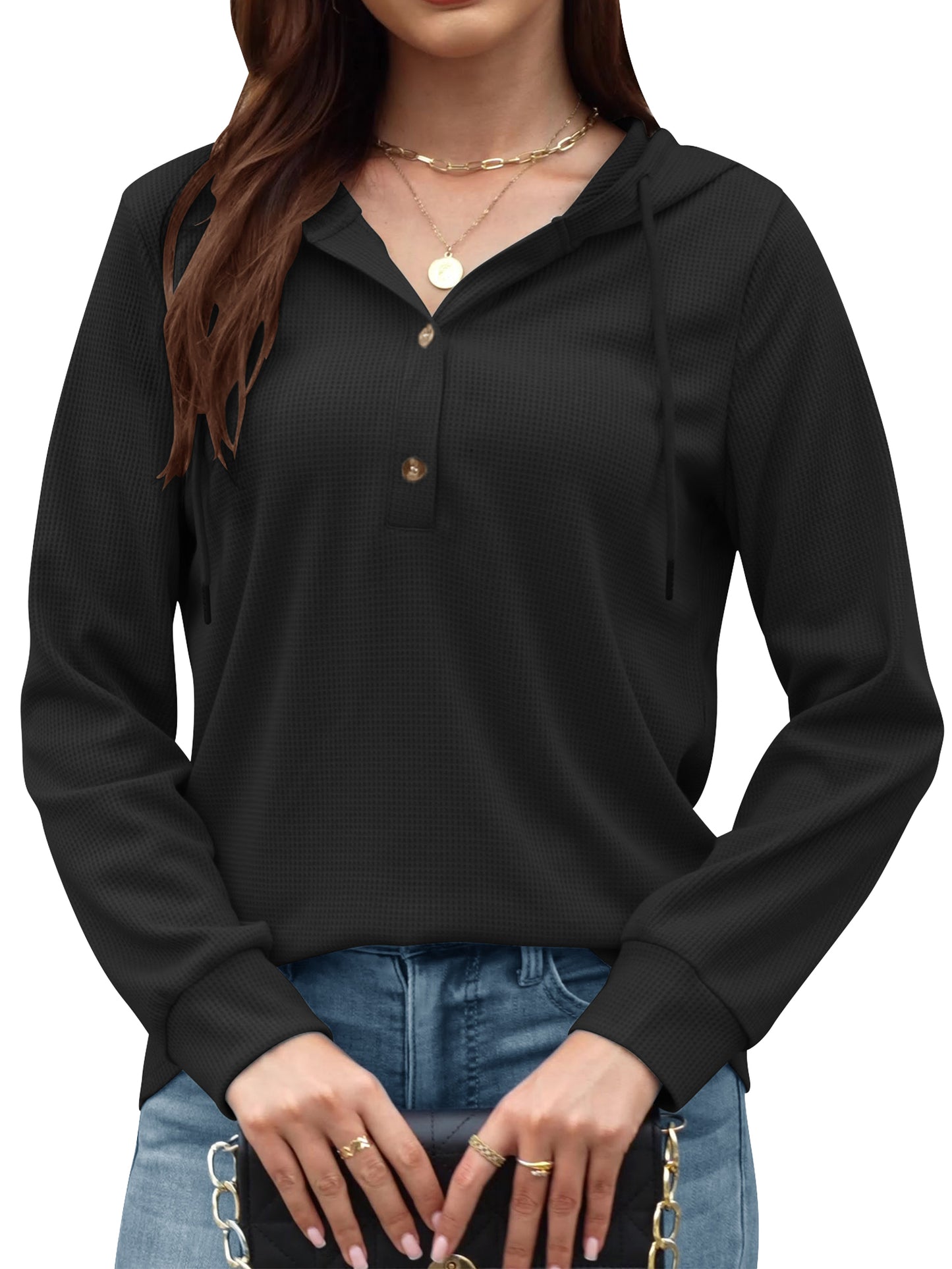 VDJ Hoodies for Women Casual Long Sleeve Fall Sweatshirts Pullover Drawstring Hood Tops Black Womens Clothes