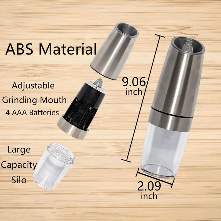 YUOFD Electric Pepper Grinder 2PCS, Electric Salt and Pepper Grinder Set with Battery, Gravity Sensing Automatic Grinding, Silver