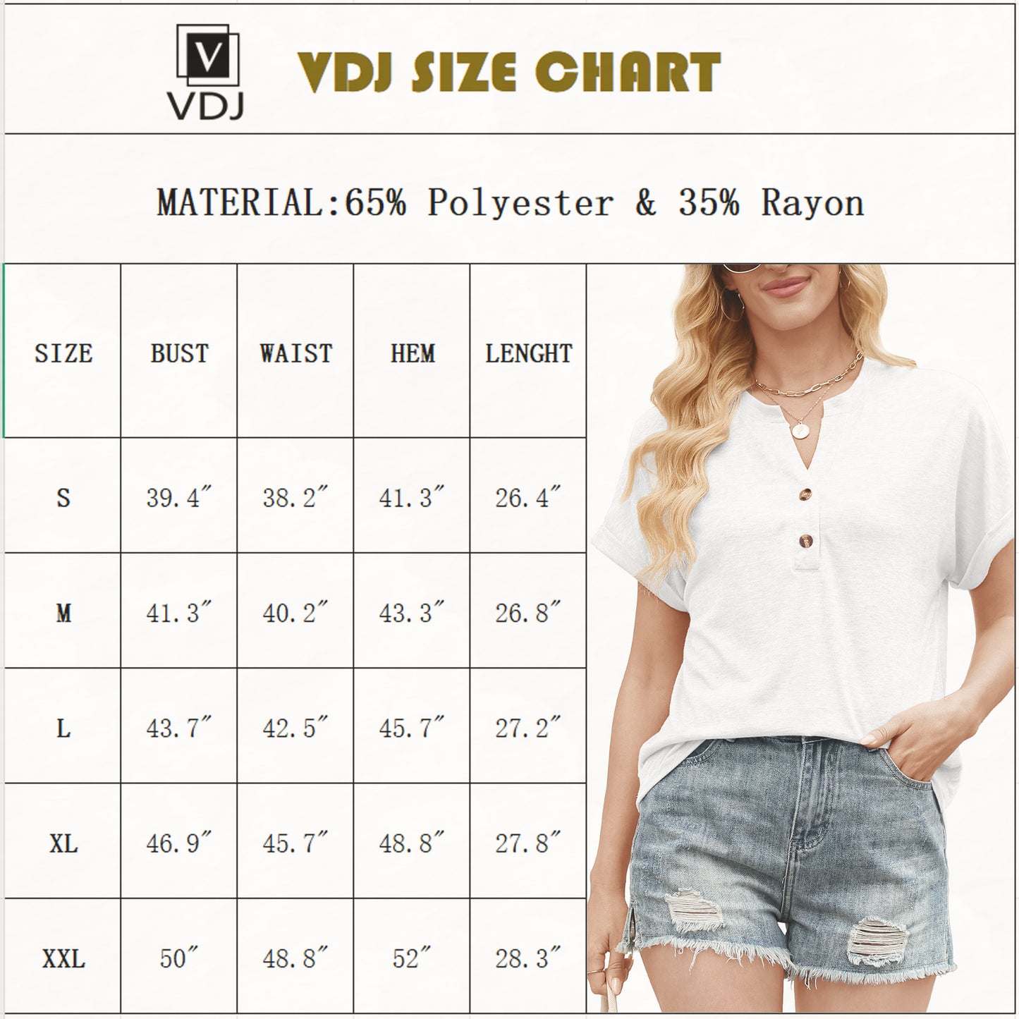 VDJ Womens Short Sleeve Tops Solid Color Henley V Neck T Shirts Fashion Summer Tunic Elegant White Tee Blouse