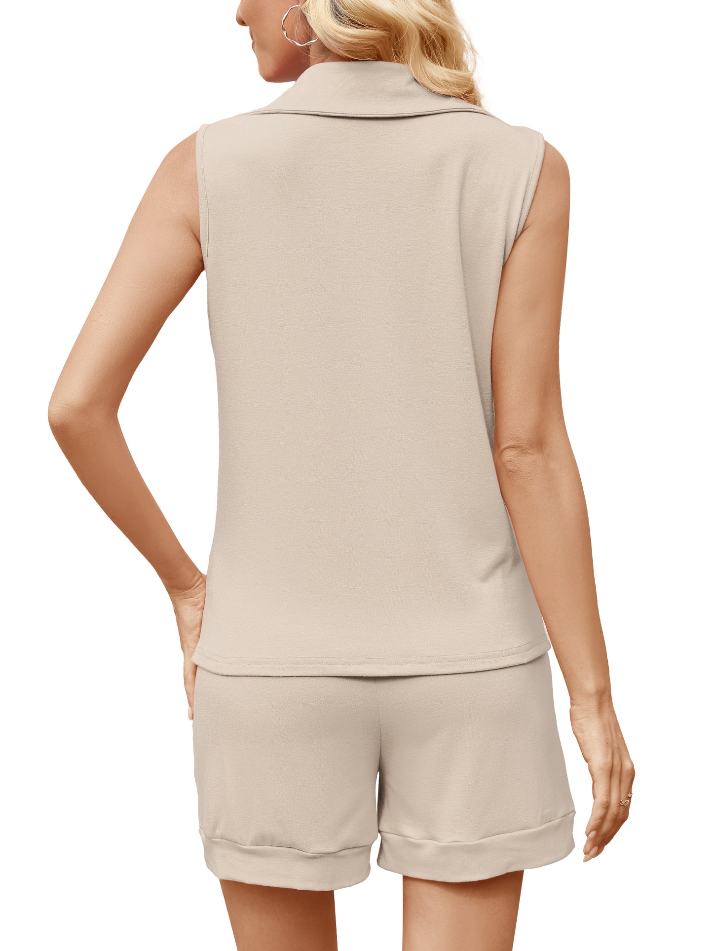 VDJ Two Piece Outfits for Women Lounge Sets Vest Tops and Shorts Set Sweatsuits with Pockets Beige Sleeveless Fashion Tracksuit