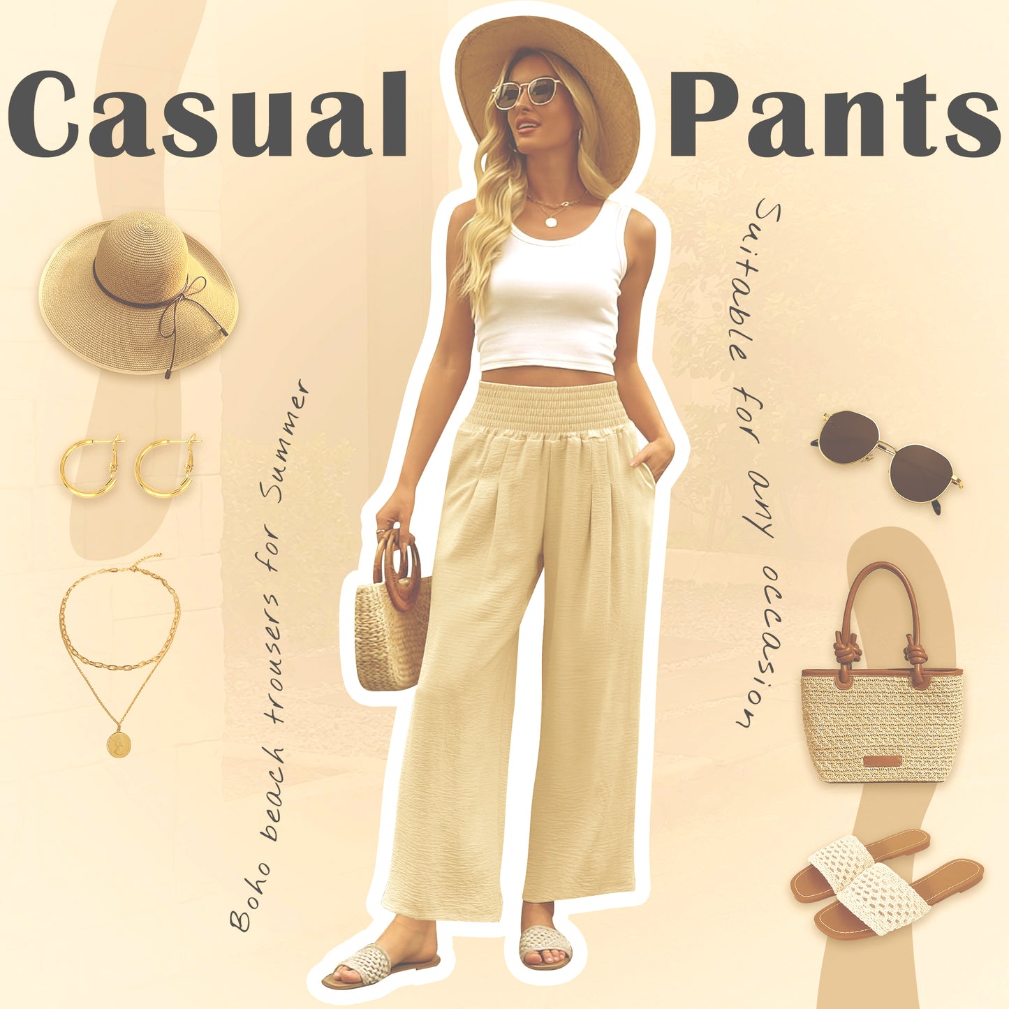 VDJ Women's Casual Wide Leg Pants Summer Boho High Waisted Beach Palazzo Trousers Flowy Lounge Pant
