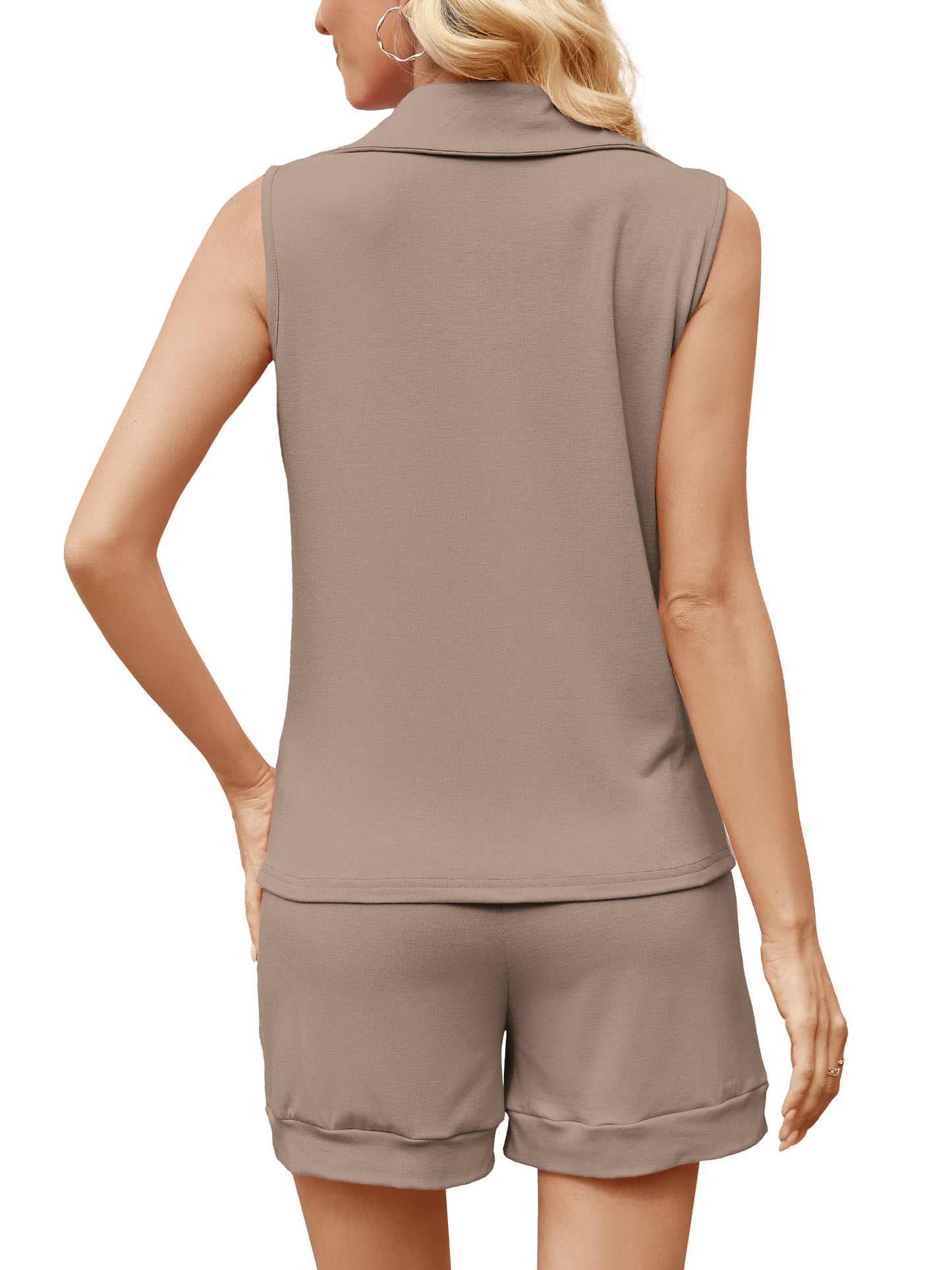 VDJ Two Piece Outfits for Women Lounge Sets Vest Tops and Shorts Set Sweatsuits with Pockets Coffee Sleeveless Fashion Tracksuit