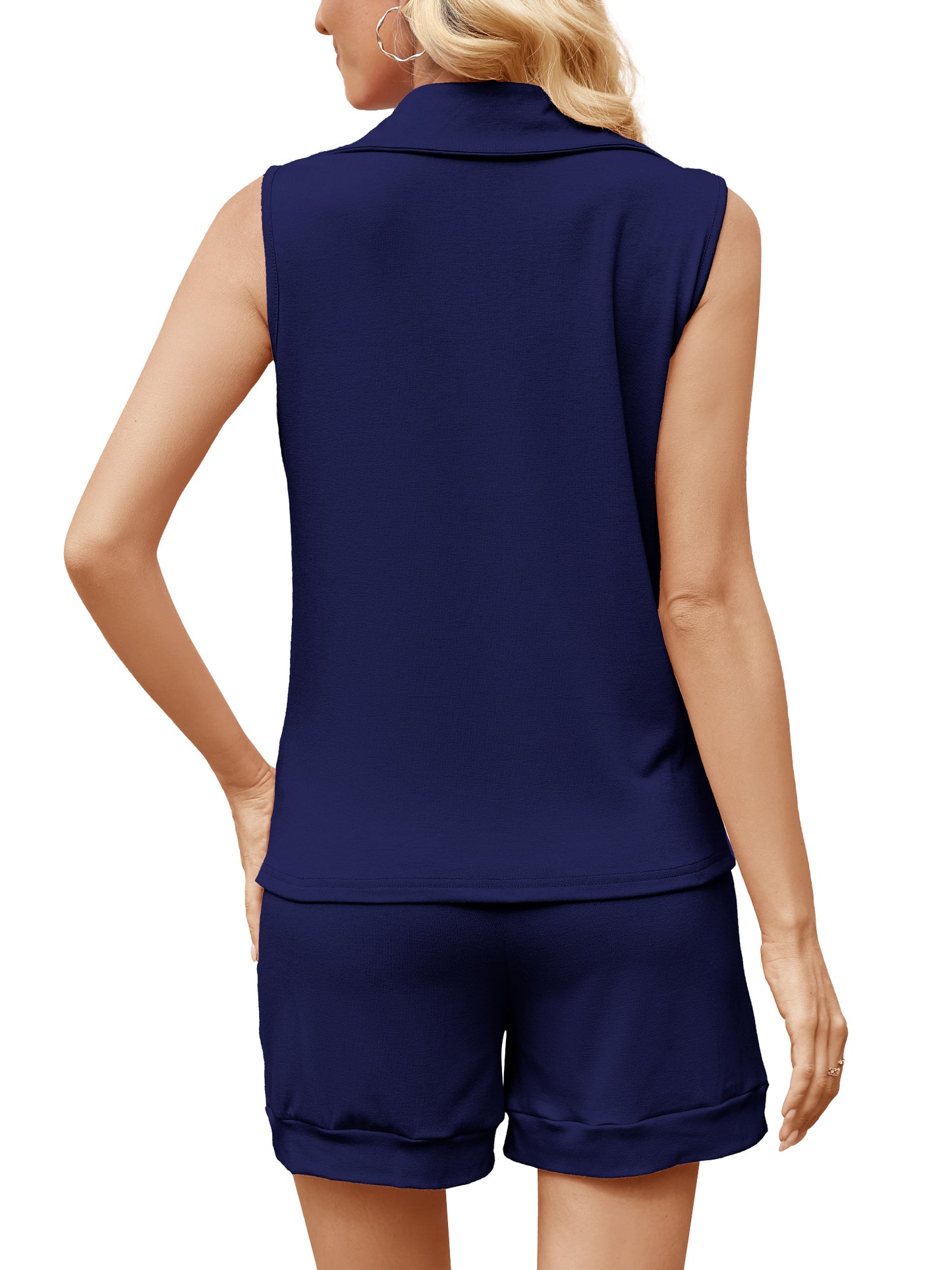 VDJ Women's 2026 Summer Outfits Half Zip Lapel Collar Tank Tops Shorts Set Sweatsuits Drawstring Navy Blue Lightweight Loungewear