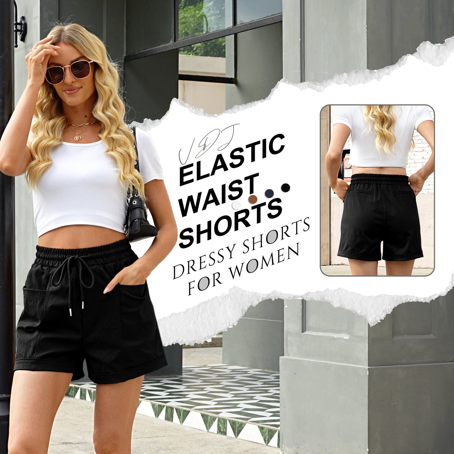 VDJ Women Casual Summer Shorts Elastic Waisted Drawstring Comfy Pull On Lightweight Black Shorts with Pockets
