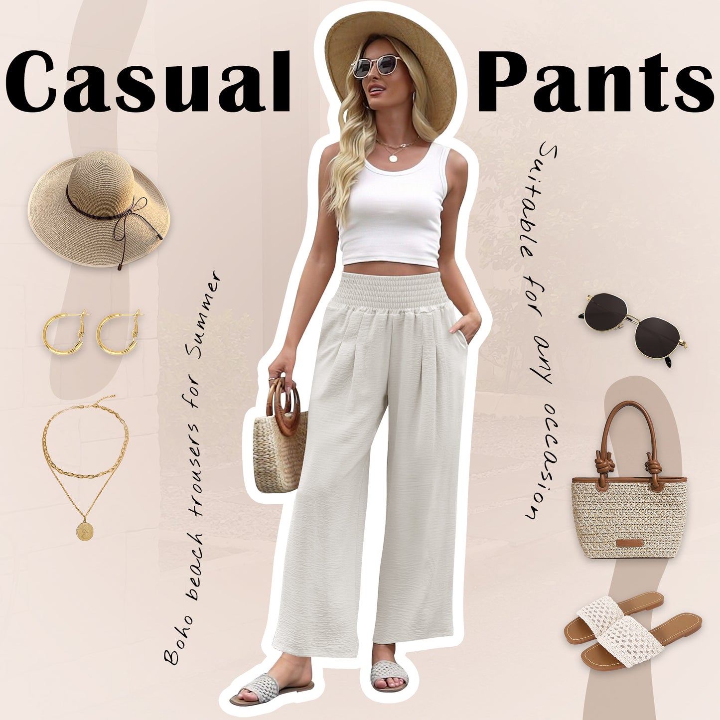VDJ Women's Casual Wide Leg Pants Business Work Dress Pants Flowy Baggy Harme Pants Boho Beige Palazzo Trousers