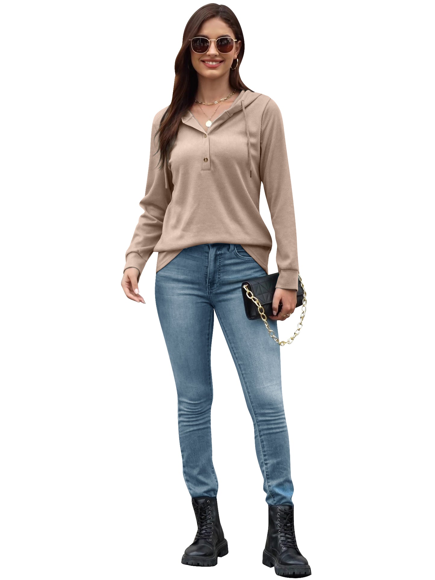 VDJ Womens Fall Tops Hoodies Pullover Casual Long Sleeve Button Hooded Sweatshirts Lightweight Autmun Clothing