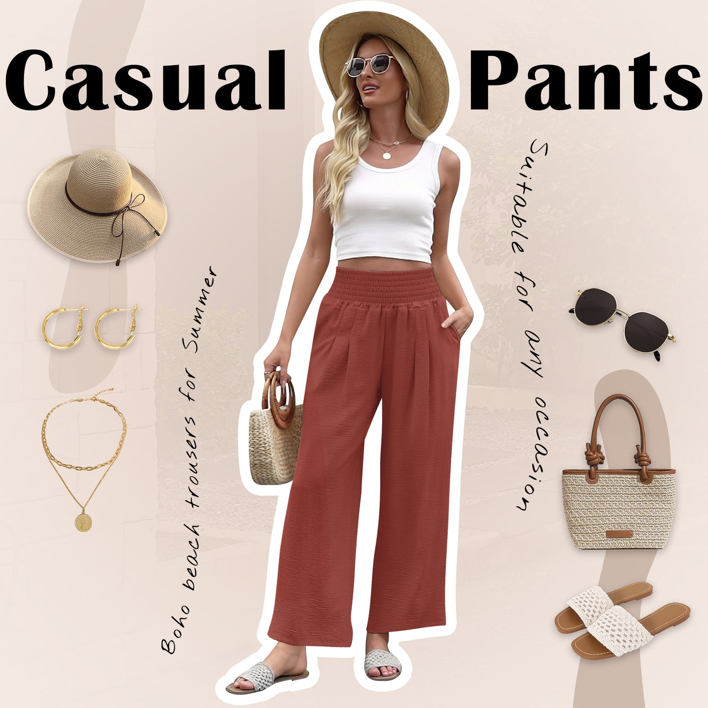 VDJ High Waist Wide Leg Pants for Women Summer Boho Fashion Cool Palazzo Pants Rustred Dress Pants