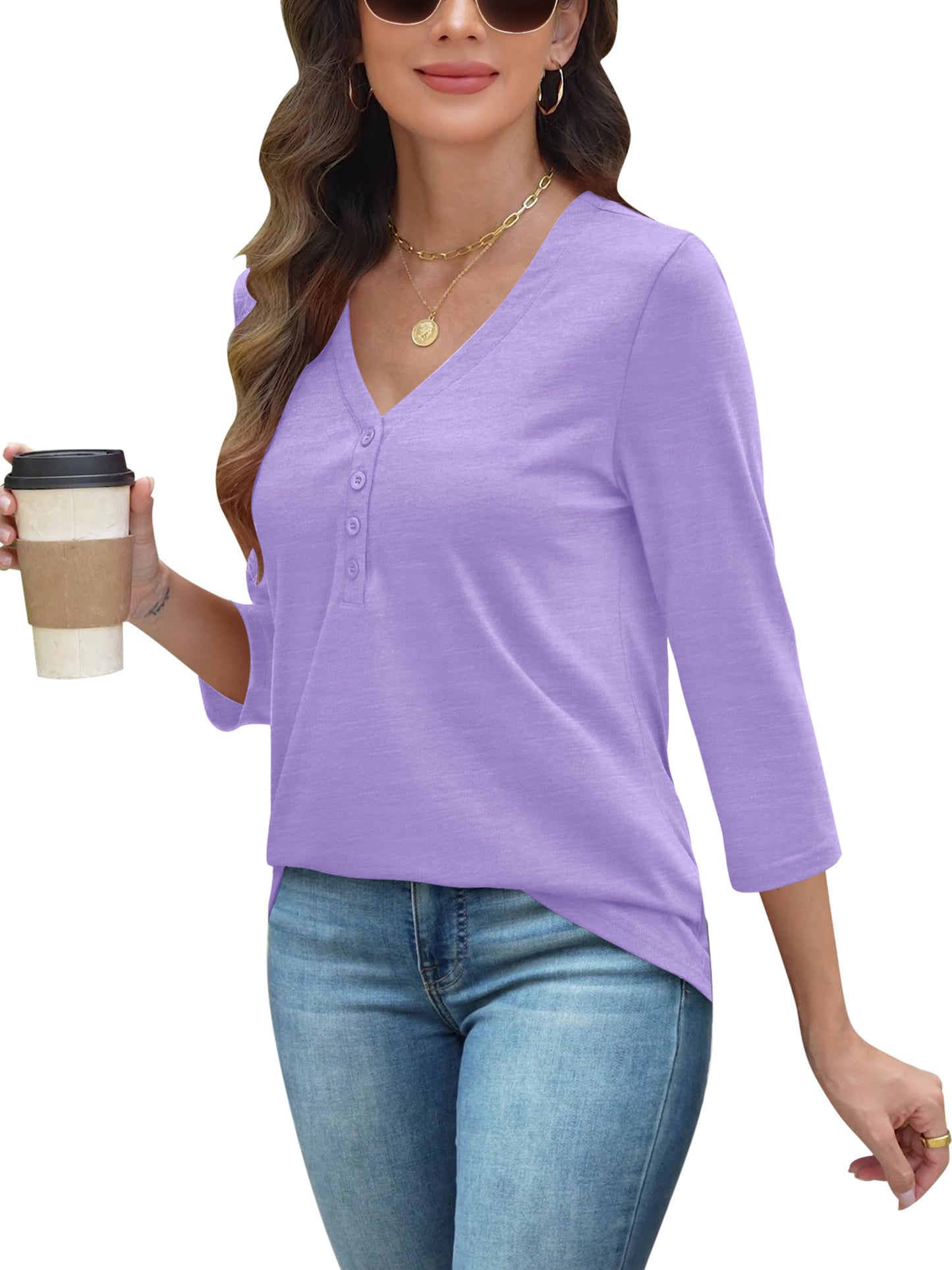 VDJ Womens Blouses Summer 3/4 Sleeve Basic T Shirts Button Up V Neck Comfort Soft Shirts Purple Tunic Tops