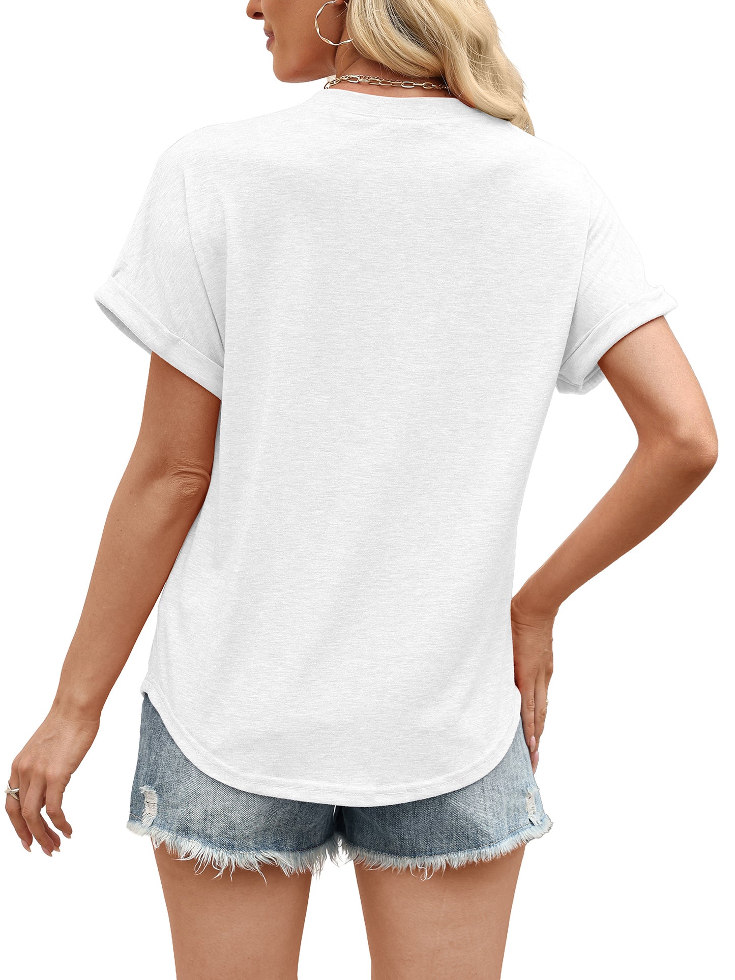 VDJ Womens Short Sleeve Tops Solid Color Henley V Neck T Shirts Fashion Summer Tunic Elegant White Tee Blouse