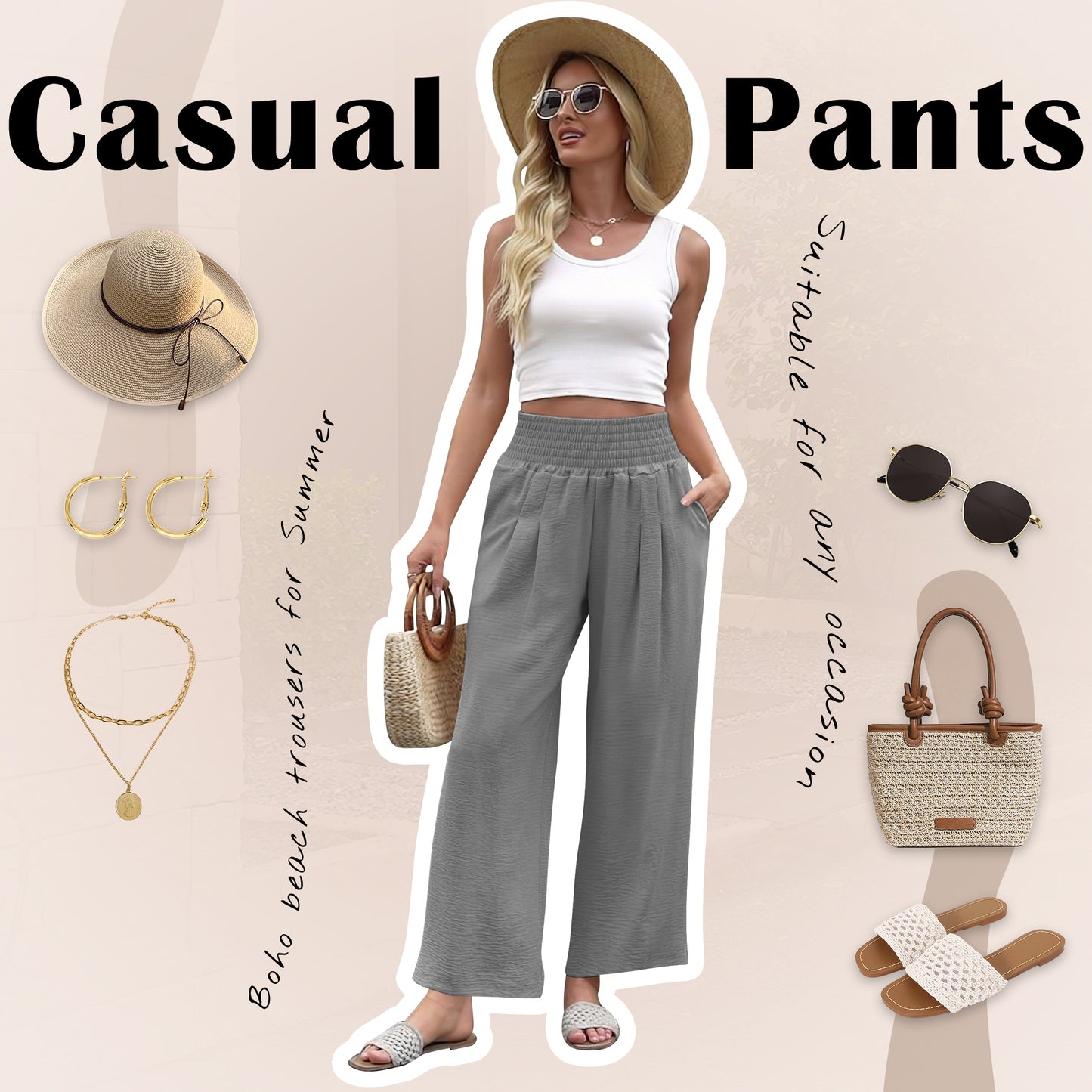 VDJ Womens Pants Elastic High Waisted Palazzo Casual Wide Leg Pockets Lounge Pant Light Gray Vacation Outfit