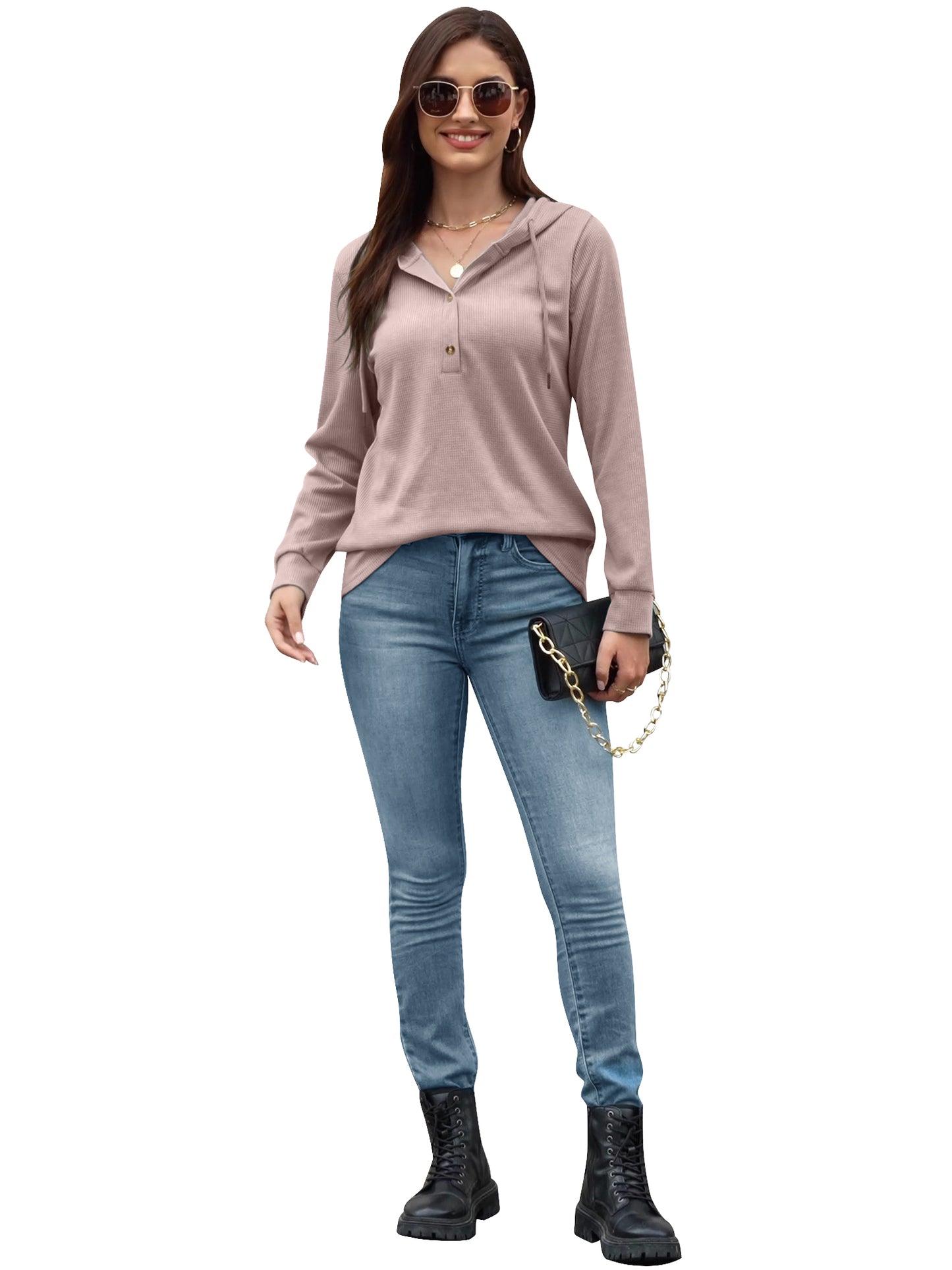 VDJ Hooded Tops for Womens Casual Loose Waffle Knitwear Drawstring Hoodies Button Cute Pink Sweatshirts