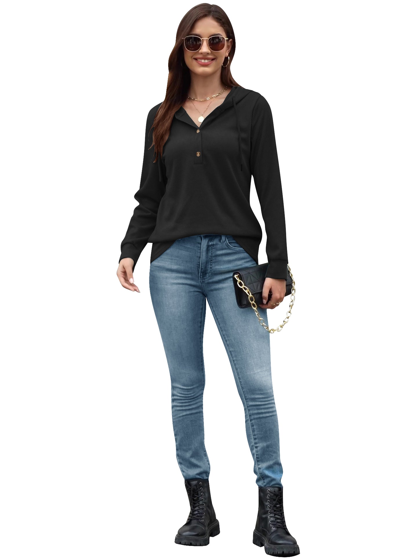 VDJ Hoodies for Women Casual Long Sleeve Fall Sweatshirts Pullover Drawstring Hood Tops Black Womens Clothes