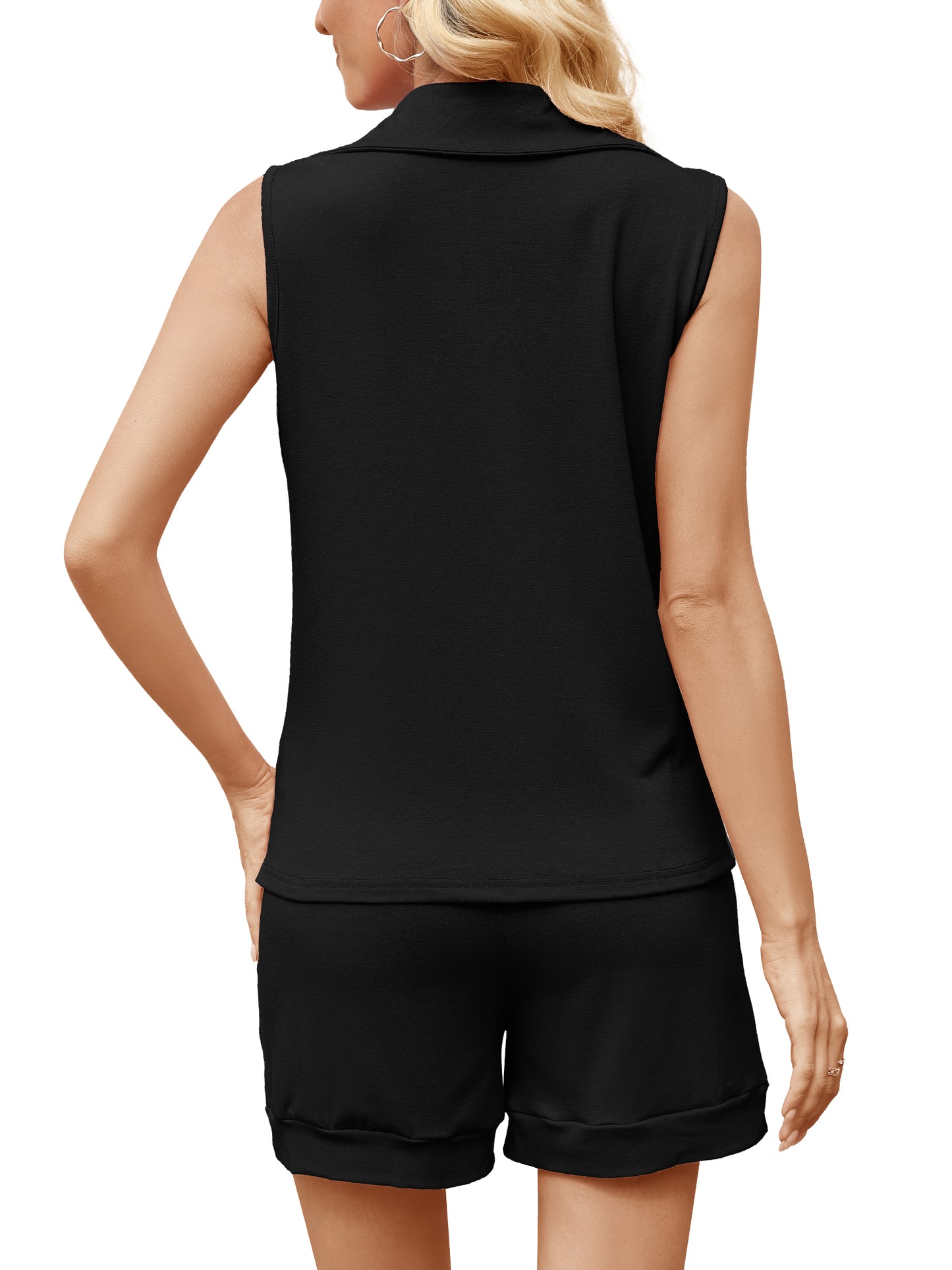 VDJ 2 Piece Sets for Women Sleeveless Zipped Tops Elastic Waisted Shorts Summer Tracksuit Black Casual Lounge Sets