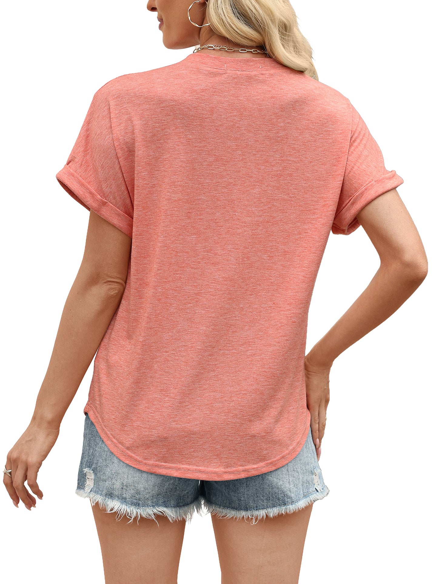 VDJ Womens Tops Fashion Short Sleeve Summer Button V Neck Shirts Loose Cute Coral Tunic Blouses for Ladies