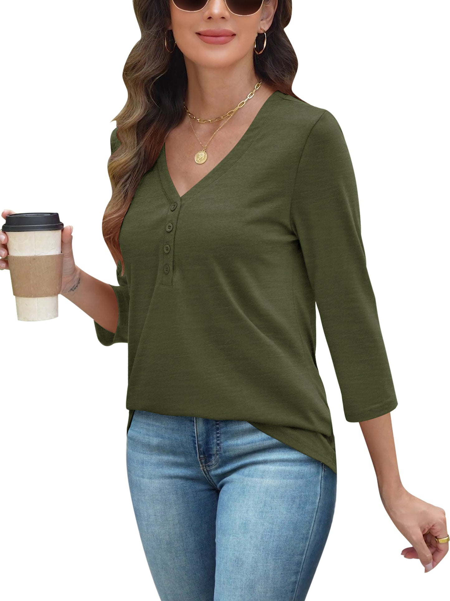 VDJ Women Summer T Shirts Casual Loose 3/4 Sleeve V Neck Tunic Stylish Solid Color Army Green Business Tee Clothes