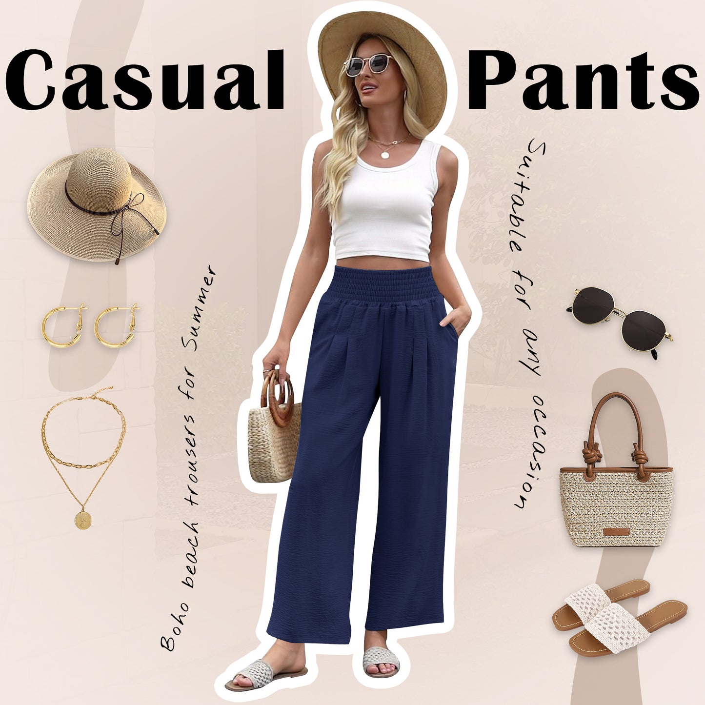 VDJ Palazzo Pants for Women Dressy High Waisted Wide Leg Lounge Pants Casual Navy Blue Pants with Pockets
