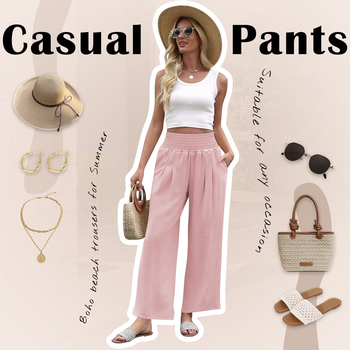 VDJ Pants for Women Wide Leg Summer High Waist Casual Lounge Pant 2025 Trendy Beach Travel Cute Pink Trousers