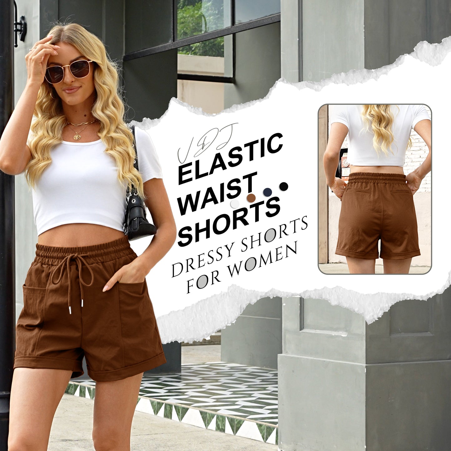 VDJ Womens Shorts Summer Casual Elastic Waist Drawstring Wide Leg Short Pants Caramel Solid Fashion Shorts Clothing