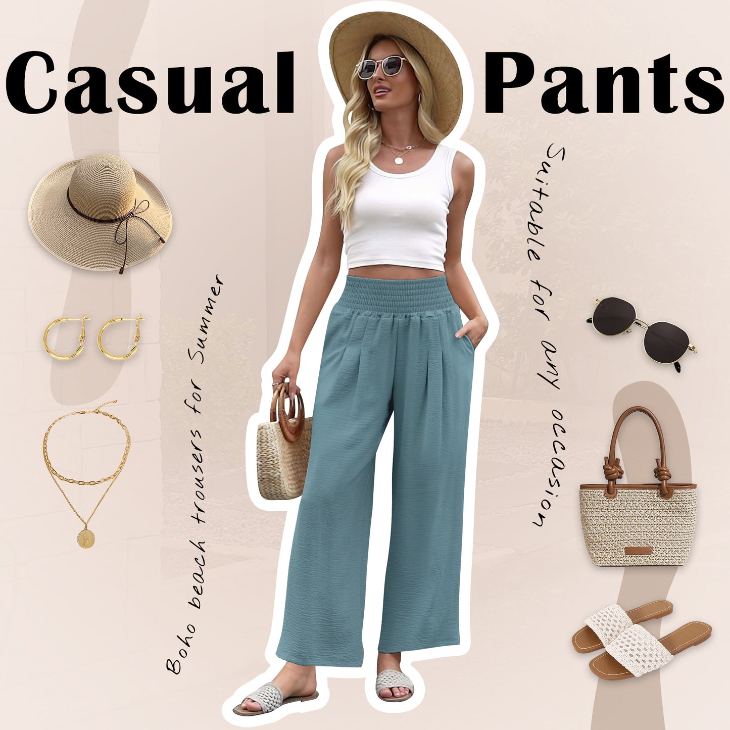 VDJ Women's Pants Summer Bohemian Wide Leg Flowy High Waist Holiday Beach Pants Travel Outfits Side Pockets