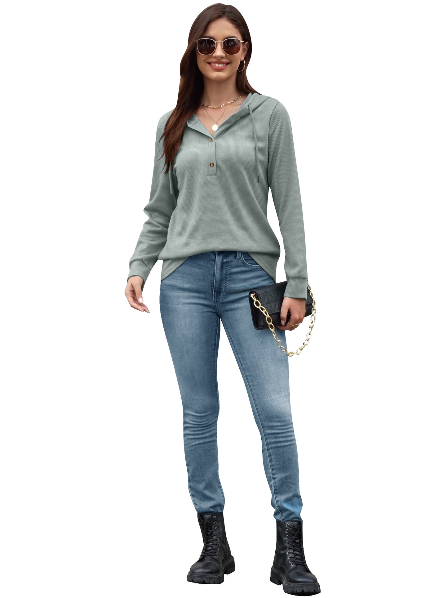 VDJ Womens Hoodies Long Sleeve Button V Neck Hooded Pullover Solid Waffle Knit Drawstring Solid Green Sweatshirts