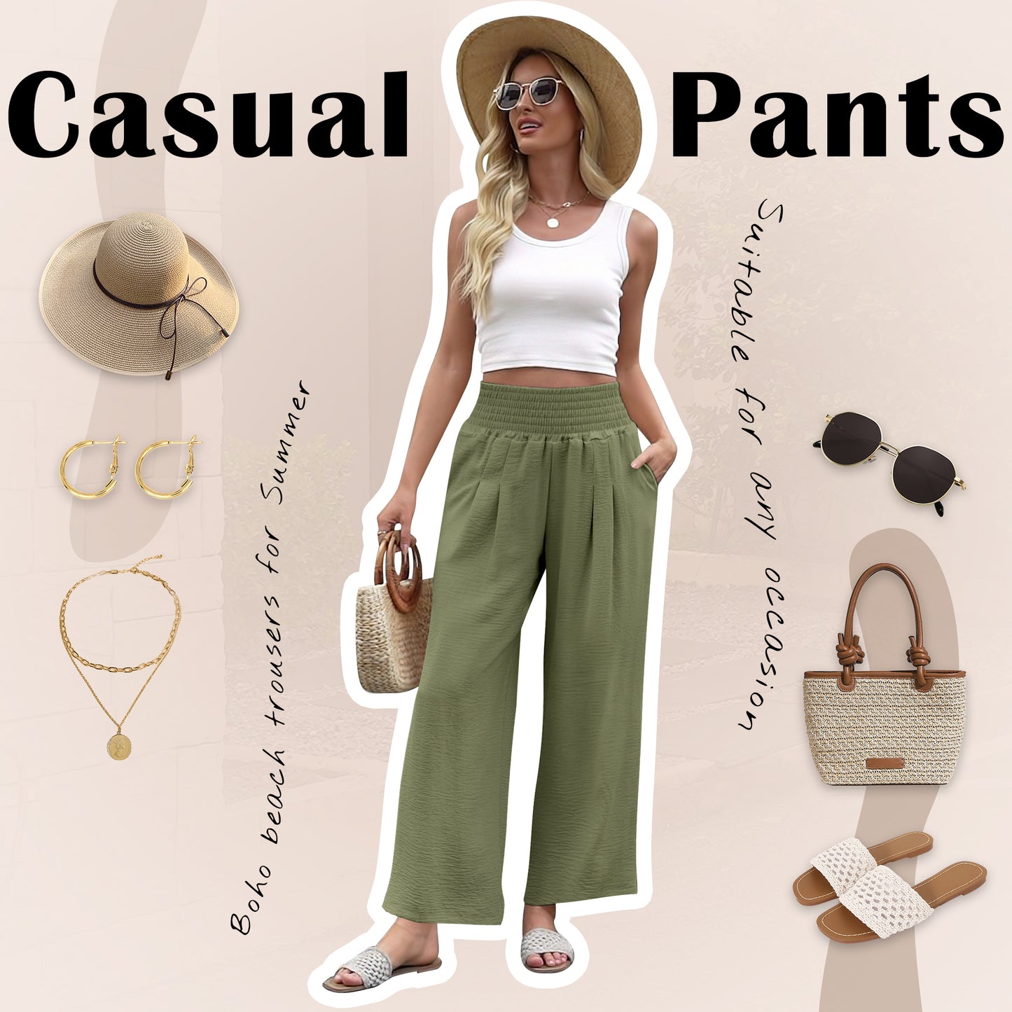 VDJ Palazzo Lounge Pants for Women Casual Comfy High Waist Flowy Green Dressy Pants Halara Trousers with Pockets