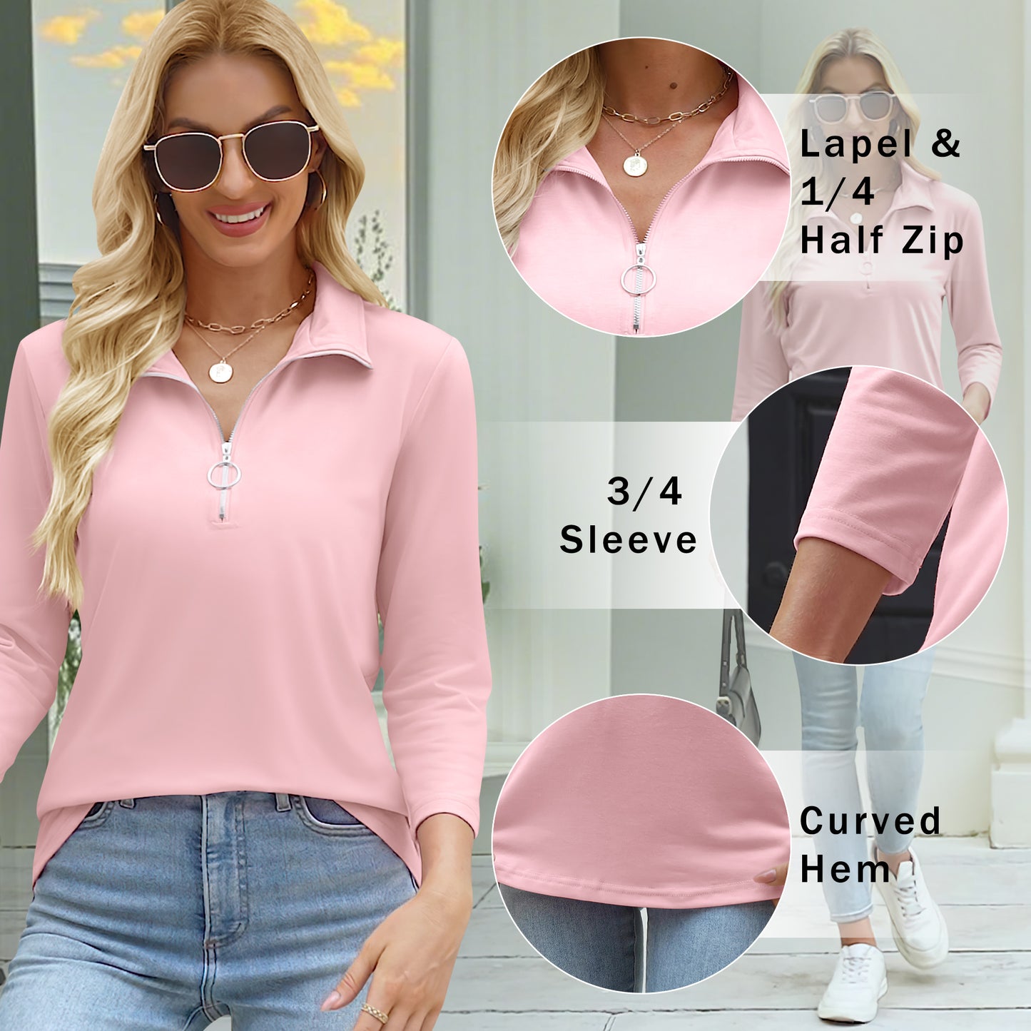 VDJ Women Tops 3/4 Sleeve Zip Collared Polo Shirts Casual V Neck Fall Blouses Solid Tee Clothes
