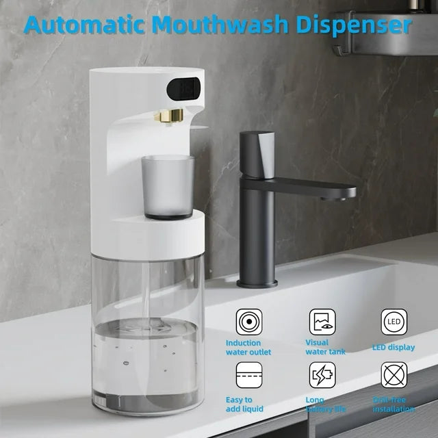 YUOFD Automatic Mouthwash Dispenser, 600ML Mouthwash Dispenser with 2 Magnetic Cups, USB Charging, White