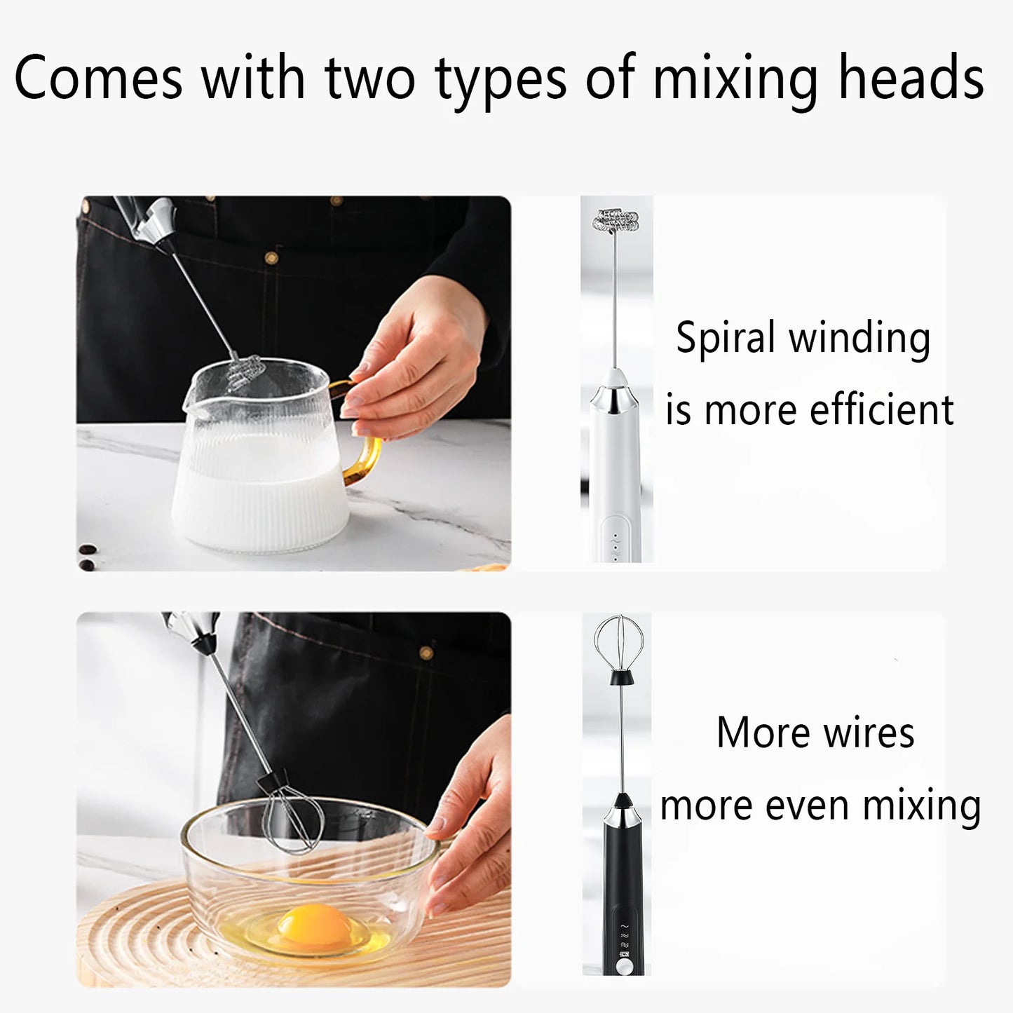 YUOFD Electric Milk Frother, Rechargeable Handheld Electric Milk Frother with 2 Heads and 3 Speeds, White