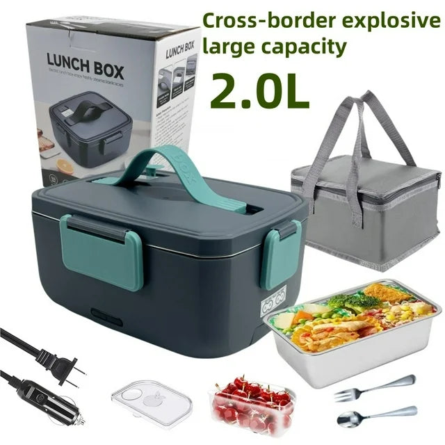 YUOFD Electric Lunch Box Food Heater, Portable Food Warmer, Hot Lunch Warmer Heated Lunch Box for Adults, 90W 2L 12V-24V 110V Stainless Steel Container Portable Food Heater (Dark Green)