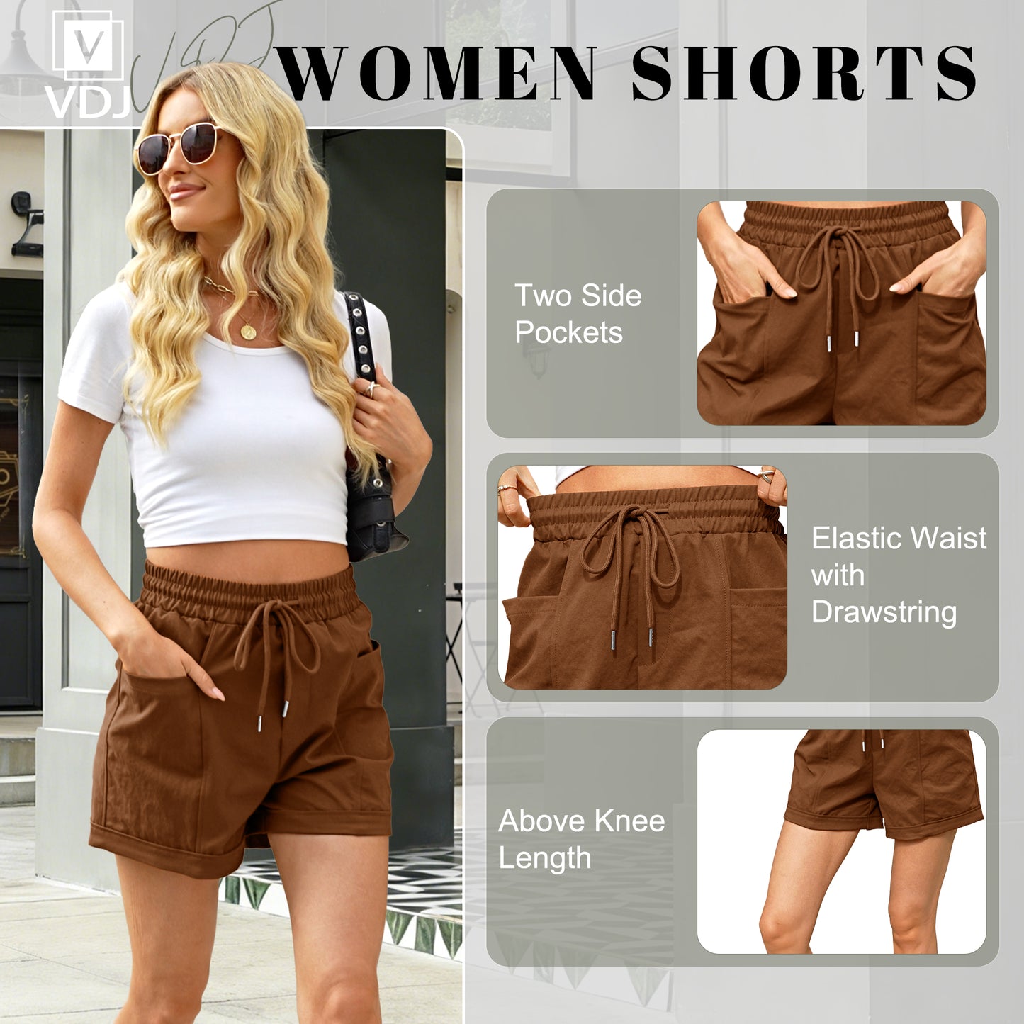 VDJ Womens Shorts Summer Casual Elastic Waist Drawstring Wide Leg Short Pants Caramel Solid Fashion Shorts Clothing