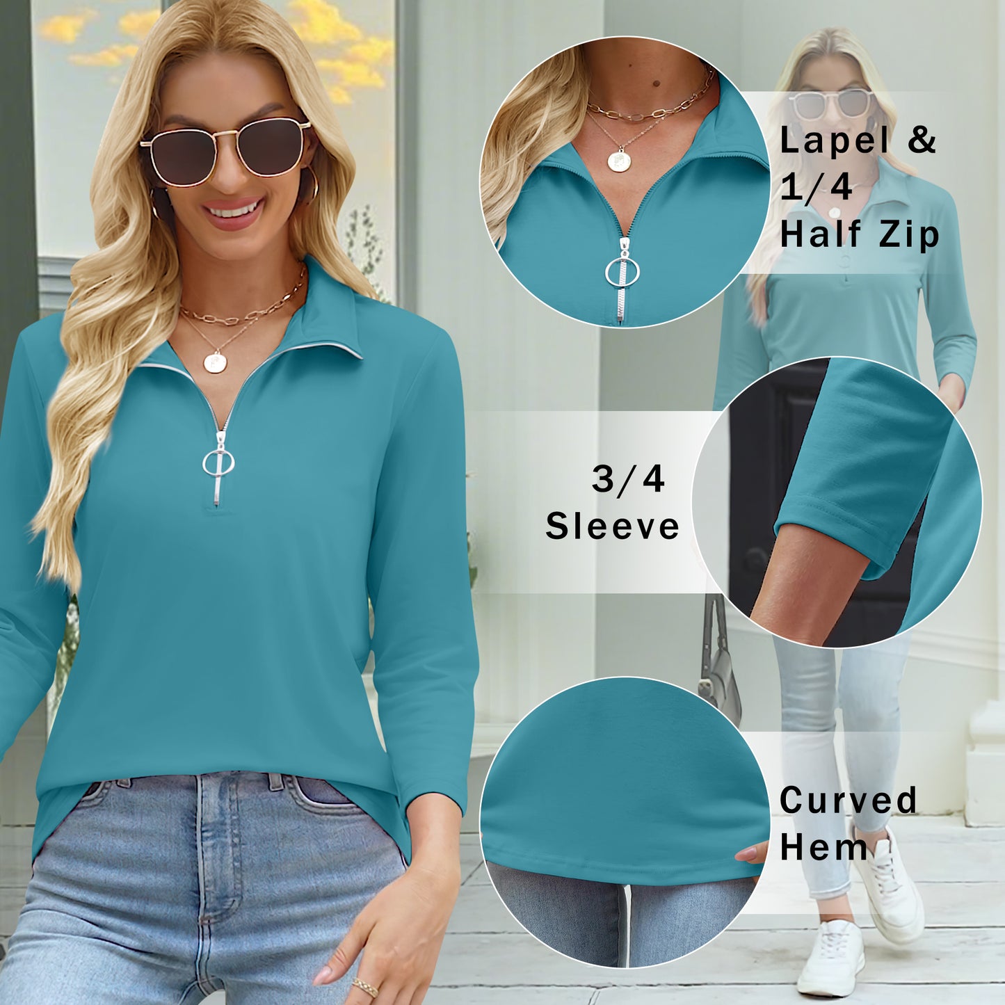 VDJ Women's T Shirts V Neck 3/4 Sleeve Quarter Zip Collared Tops Mint Polo Shirts Summer Fall Tees