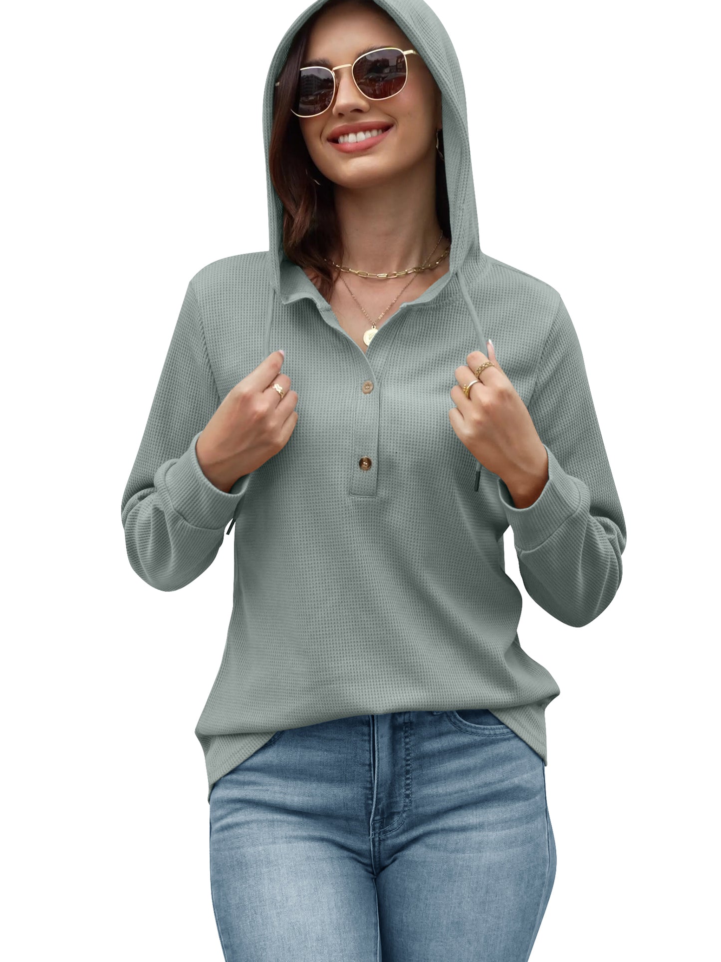 VDJ Womens Hoodies Long Sleeve Button V Neck Hooded Pullover Solid Waffle Knit Drawstring Solid Green Sweatshirts