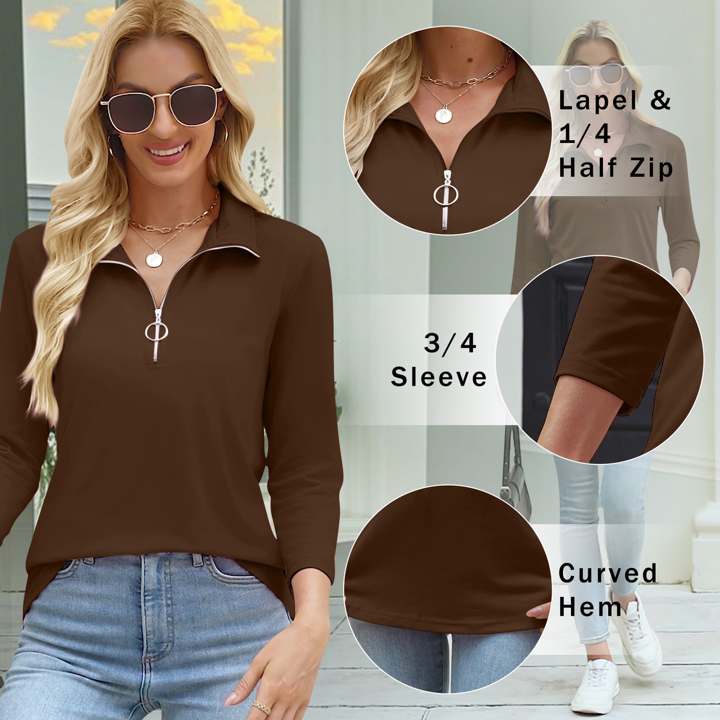 VDJ Tshirts for Women 3/4 Sleeve Lightweight Fall Tee Shirts Cozy Warm Lounge Blouse Brown Tops Clothing