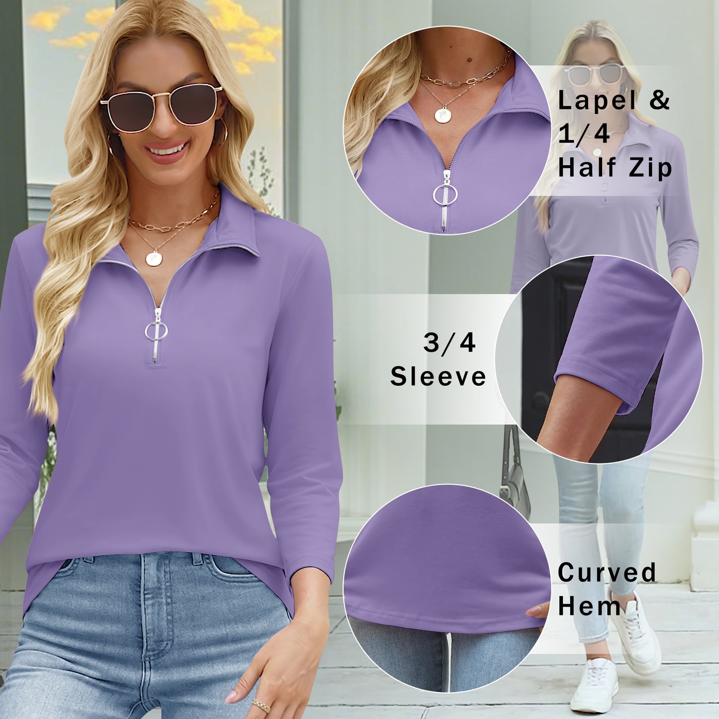 VDJ Women's V Neck 3/4 Sleeve T Shirt Solid Color Casual Basic Tops Purple Half Zipped Autumn Tees