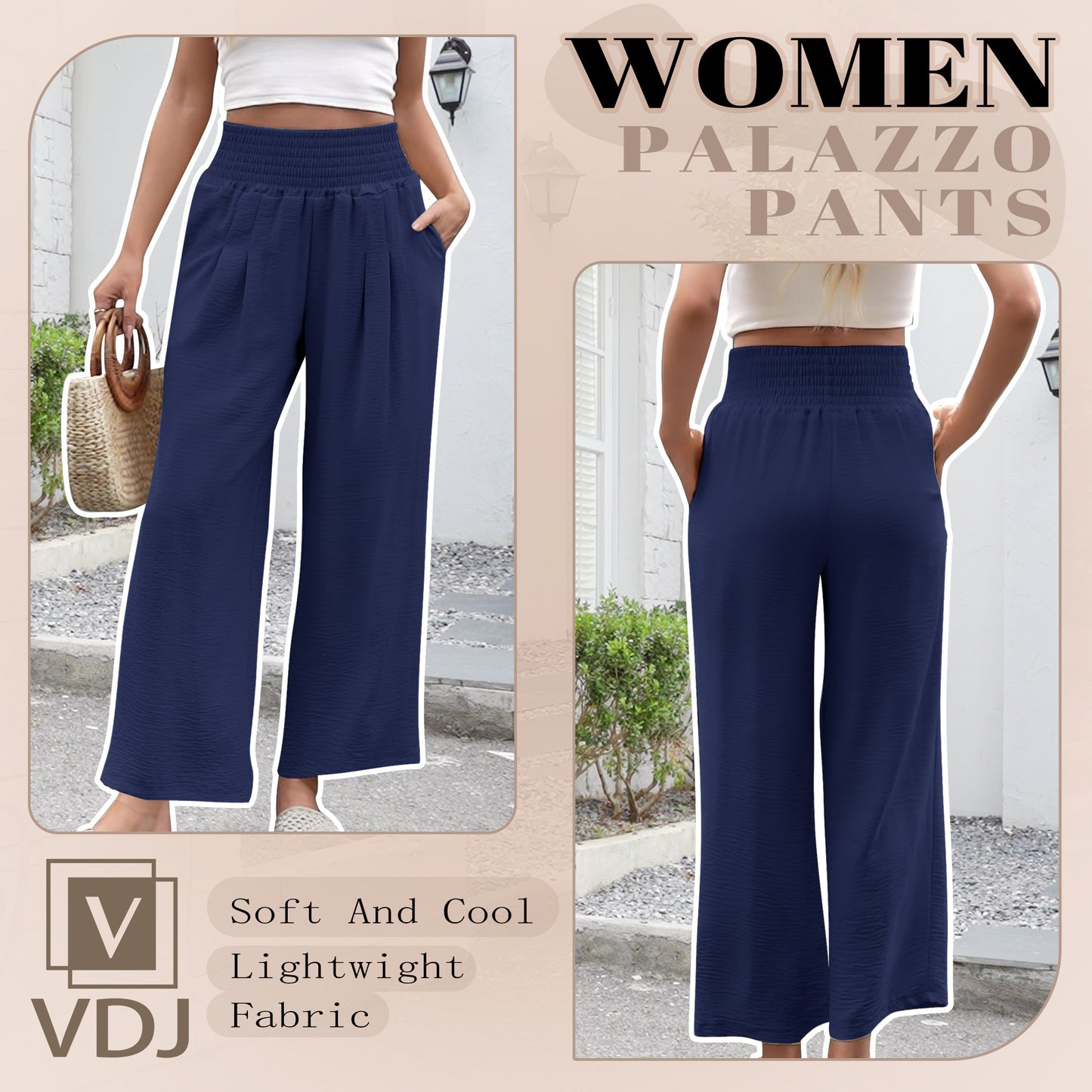 VDJ Palazzo Pants for Women Dressy High Waisted Wide Leg Lounge Pants Casual Navy Blue Pants with Pockets