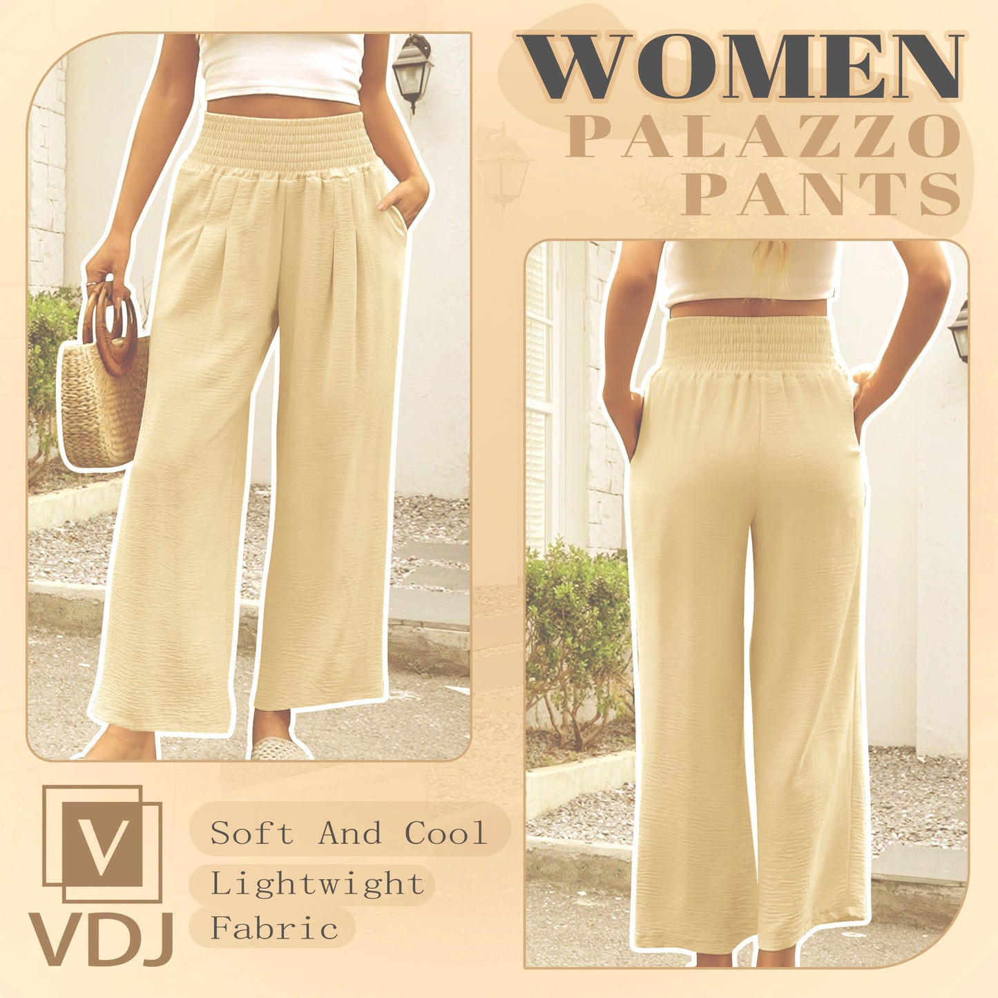 VDJ Women's Casual Wide Leg Pants Summer Boho High Waisted Beach Palazzo Trousers Flowy Lounge Pant