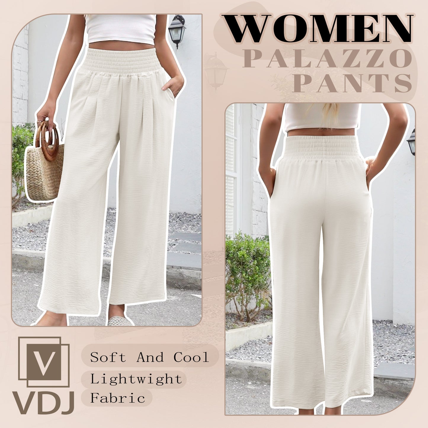 VDJ Women's Casual Wide Leg Pants Business Work Dress Pants Flowy Baggy Harme Pants Boho Beige Palazzo Trousers