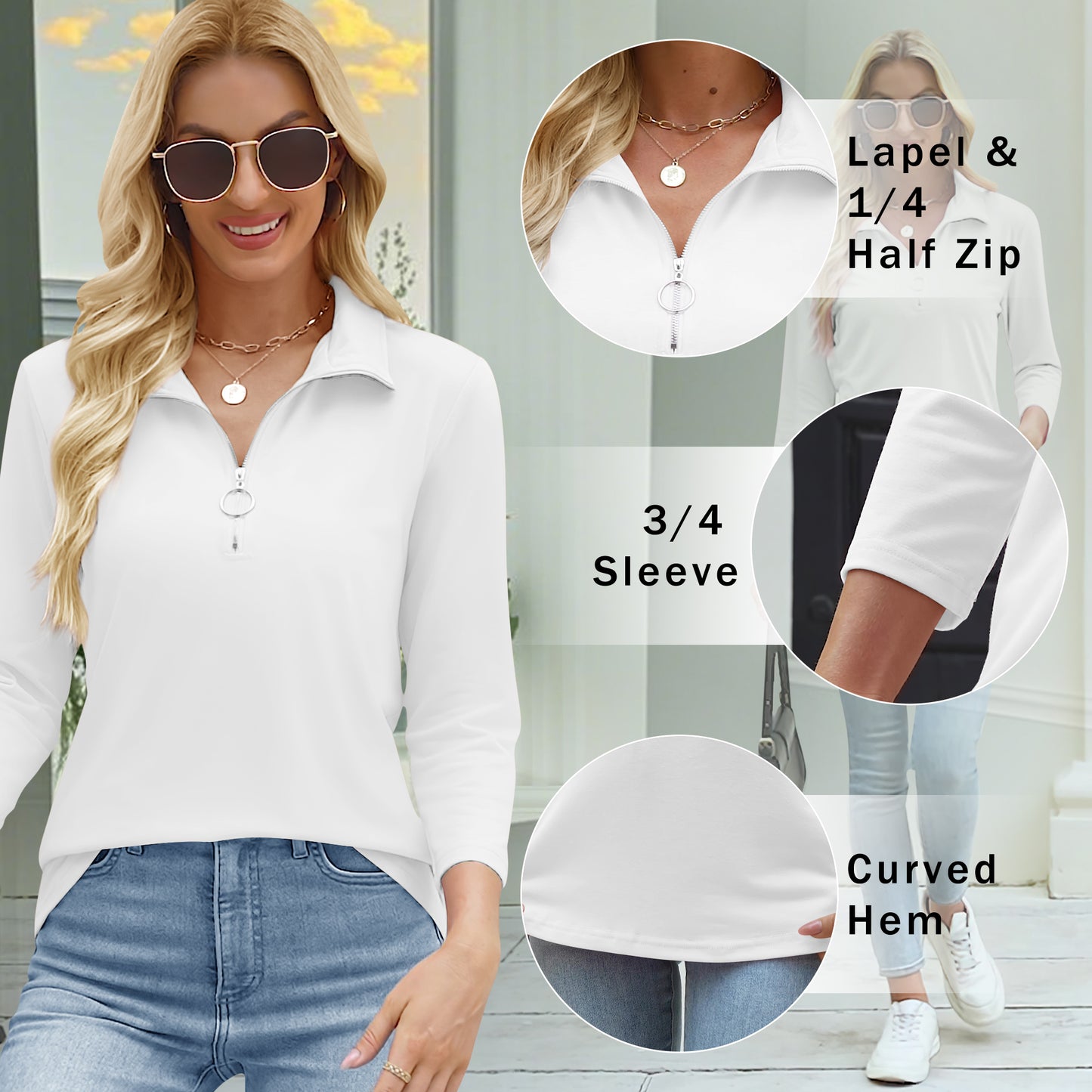 VDJ Women Tops 3 Quarter Sleeve Zipped Collrar Business Ladies Shirts Fashion White Fall Blouse Tee