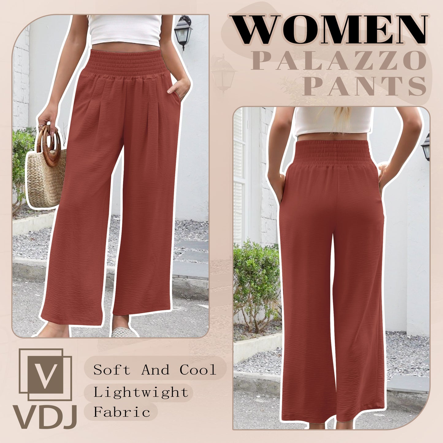 VDJ High Waist Wide Leg Pants for Women Summer Boho Fashion Cool Palazzo Pants Rustred Dress Pants