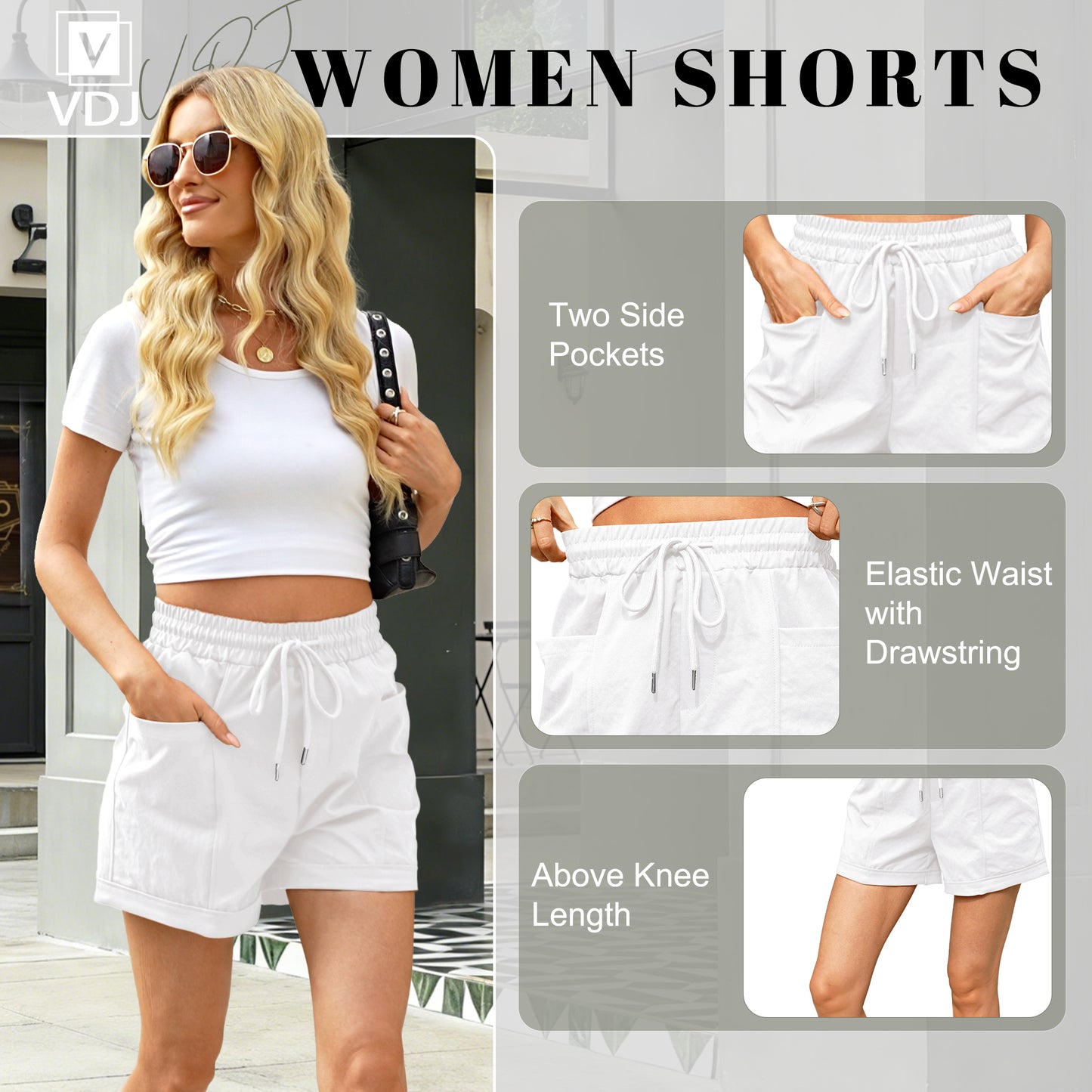 VDJ Casual Shorts for Women Summer Bohemian Lightweight Shorts Mid Waist BeachWhite Lounge Shorts Front Pockets