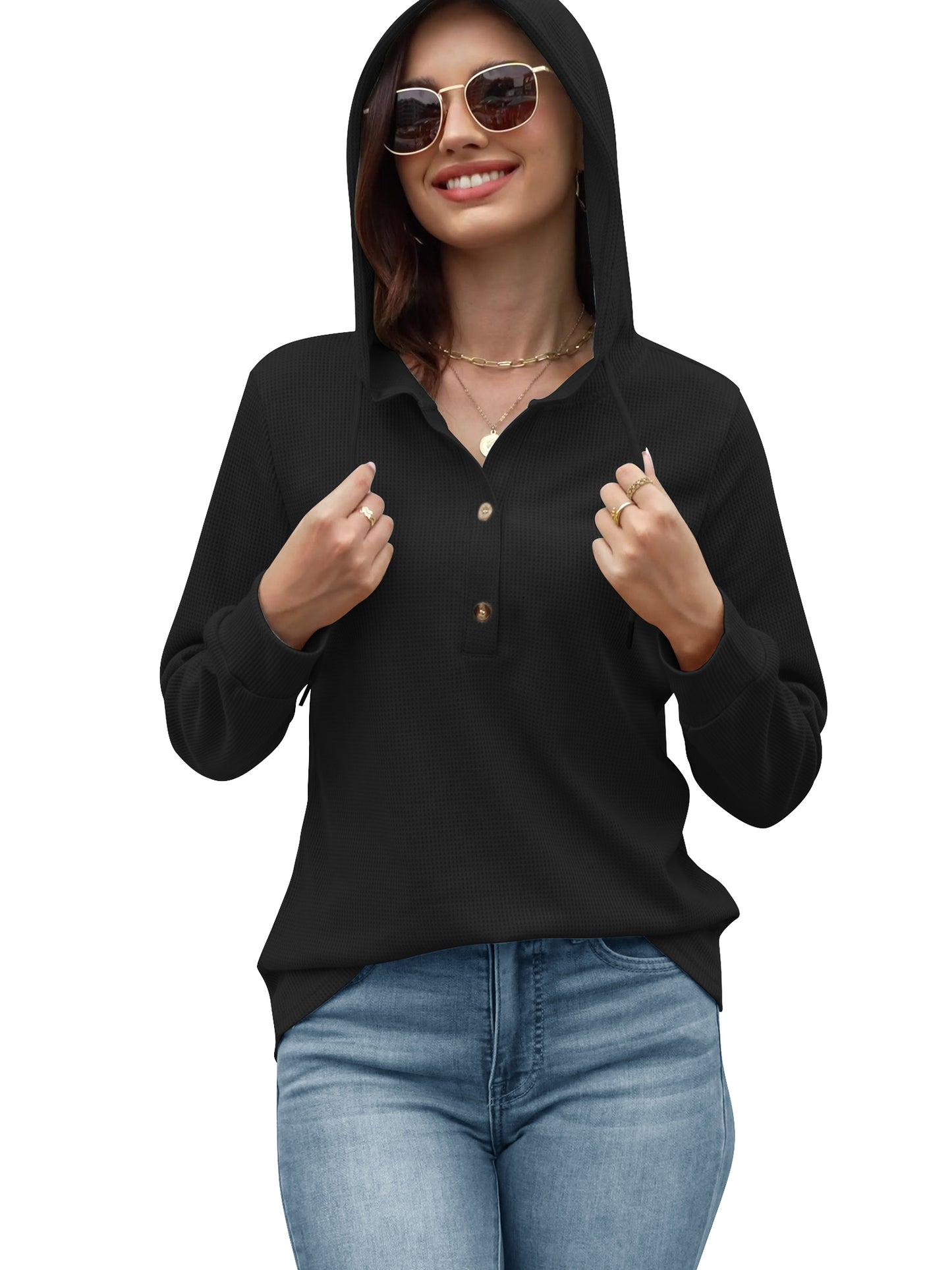 VDJ Hoodies for Women Casual Long Sleeve Fall Sweatshirts Pullover Drawstring Hood Tops Black Womens Clothes