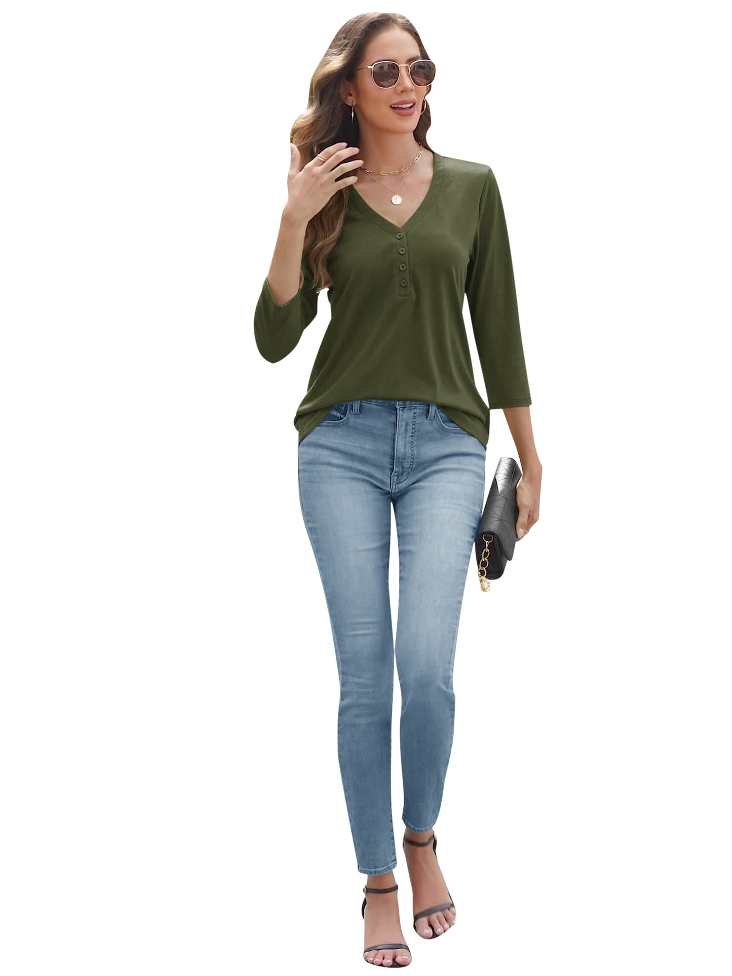 VDJ Women Summer T Shirts Casual Loose 3/4 Sleeve V Neck Tunic Stylish Solid Color Army Green Business Tee Clothes