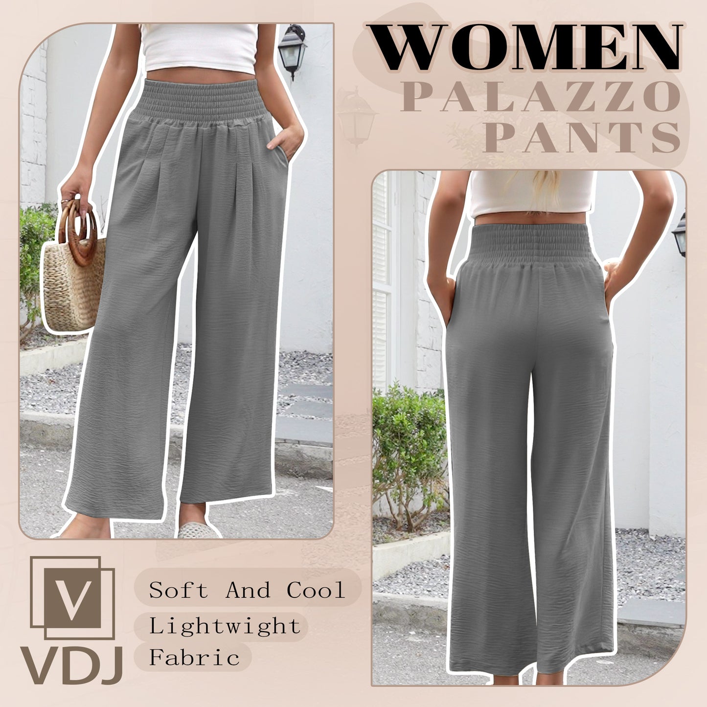 VDJ Womens Pants Elastic High Waisted Palazzo Casual Wide Leg Pockets Lounge Pant Light Gray Vacation Outfit