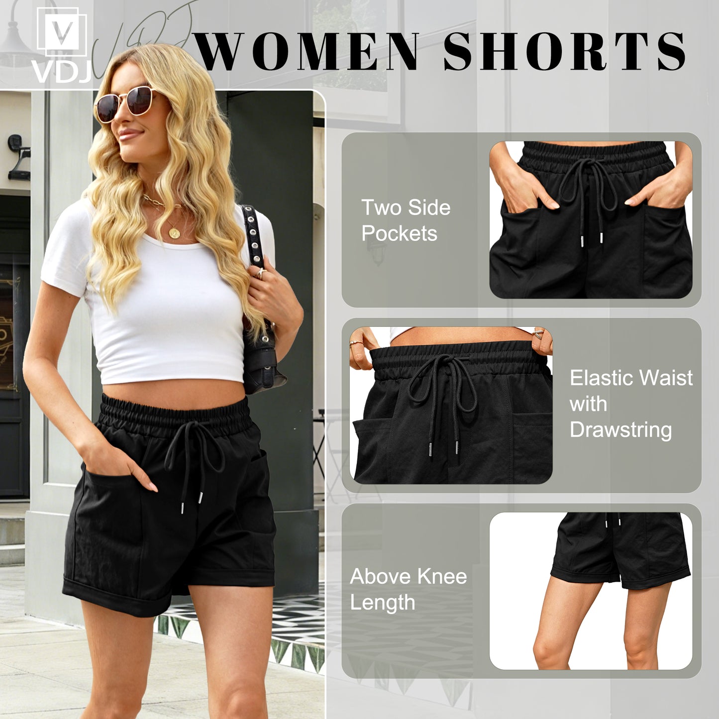 VDJ Women Casual Summer Shorts Elastic Waisted Drawstring Comfy Pull On Lightweight Black Shorts with Pockets